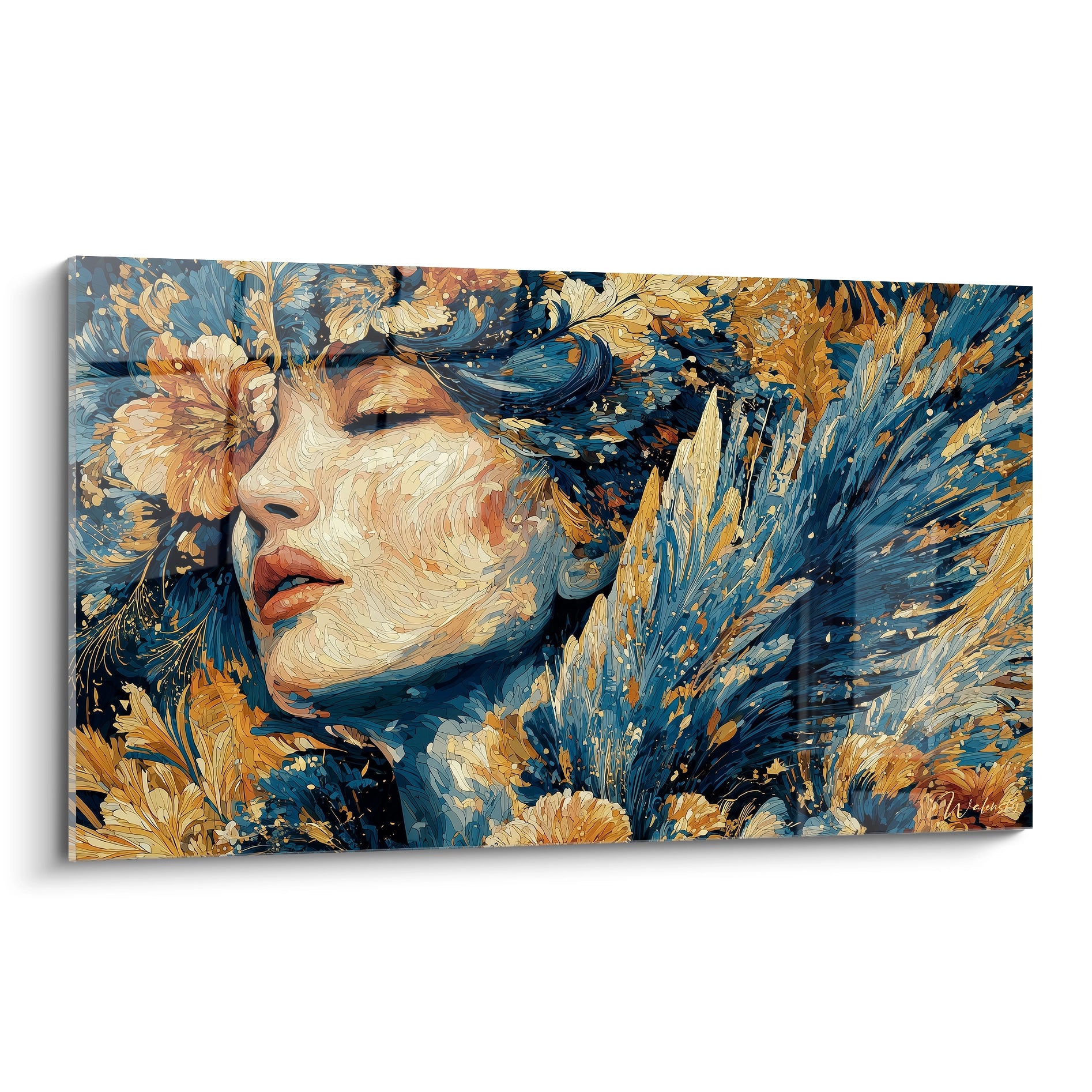 Tableau mural Walensky tableau femme gothique visage féminin peint aux tons bleu et or décoratif