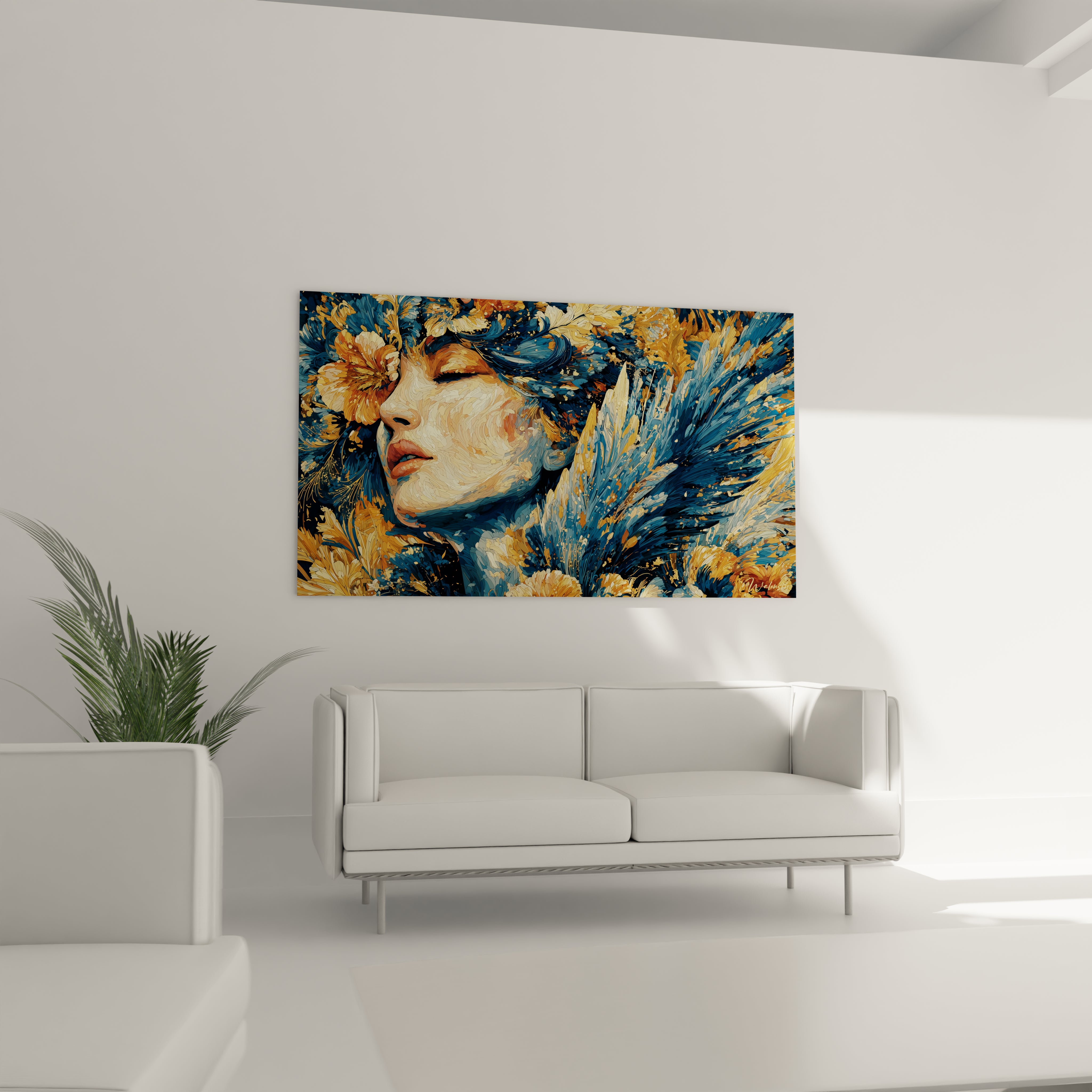 tableau femme gothique Walensky peinture murale visage féminin bleu et or avec fleurs et plumes décor salon moderne