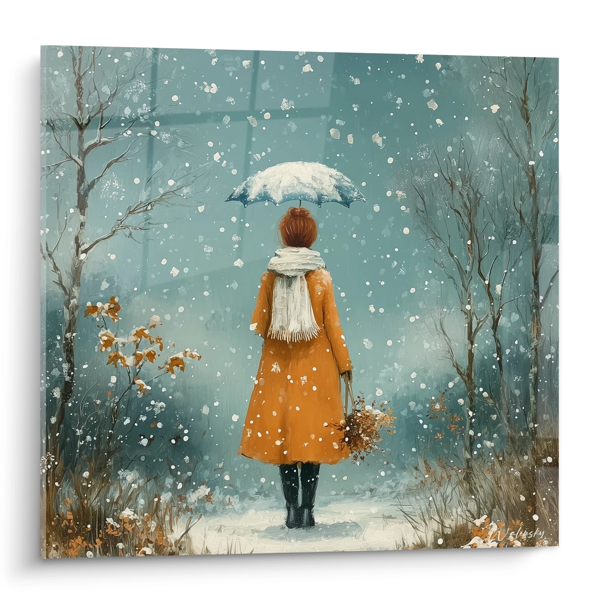 Tableau mural Walensky tableau femme hiver moderne représentant une femme en manteau orange sous un parapluie dans la neige