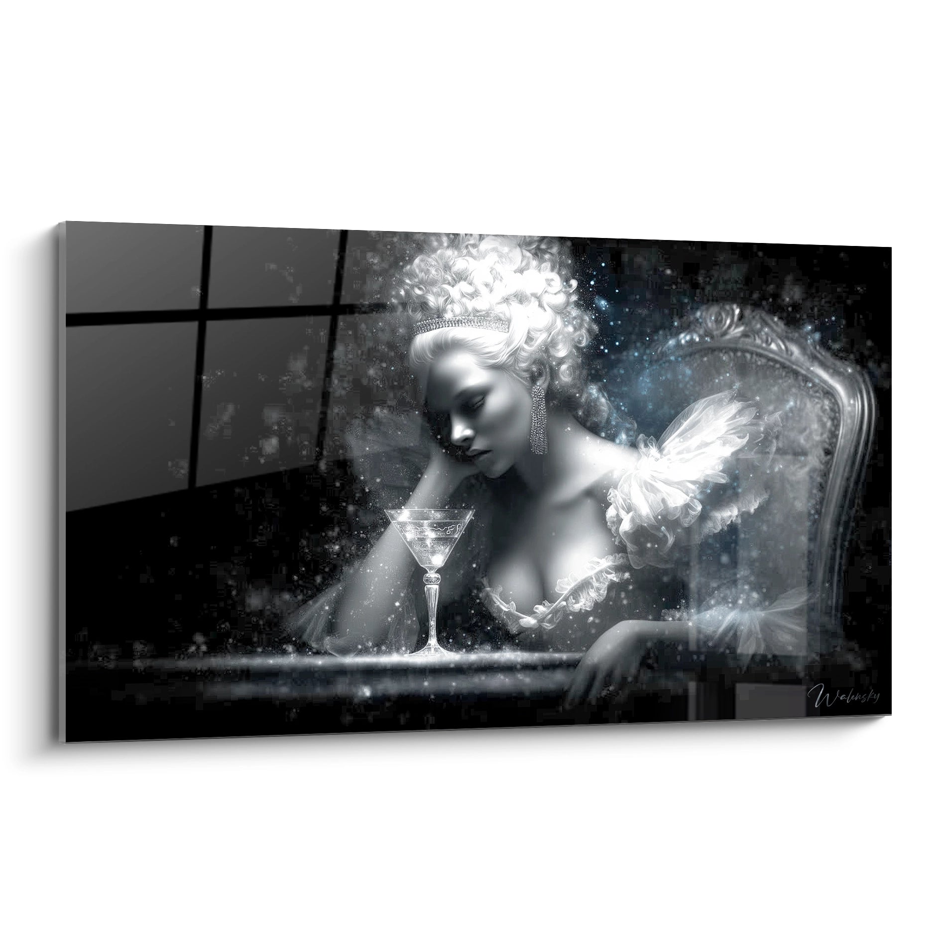 tableau femme Marie-Antoinette moderne Walensky tableau mural noir et blanc femme baroque reveuse a cote d un verre