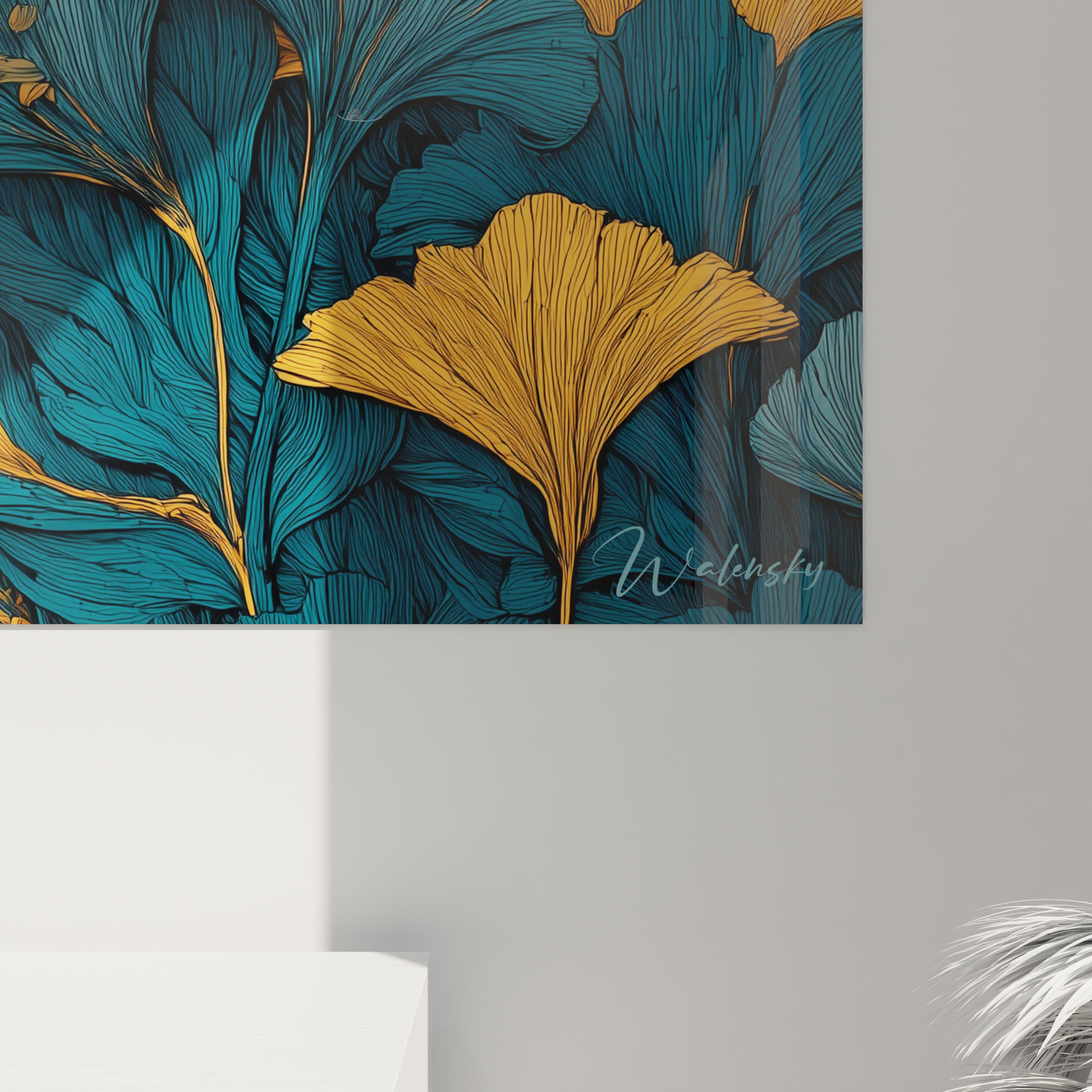 tableau femme méditation dorée Walensky tableau mural botanique feuilles ginkgo bleu canard et or