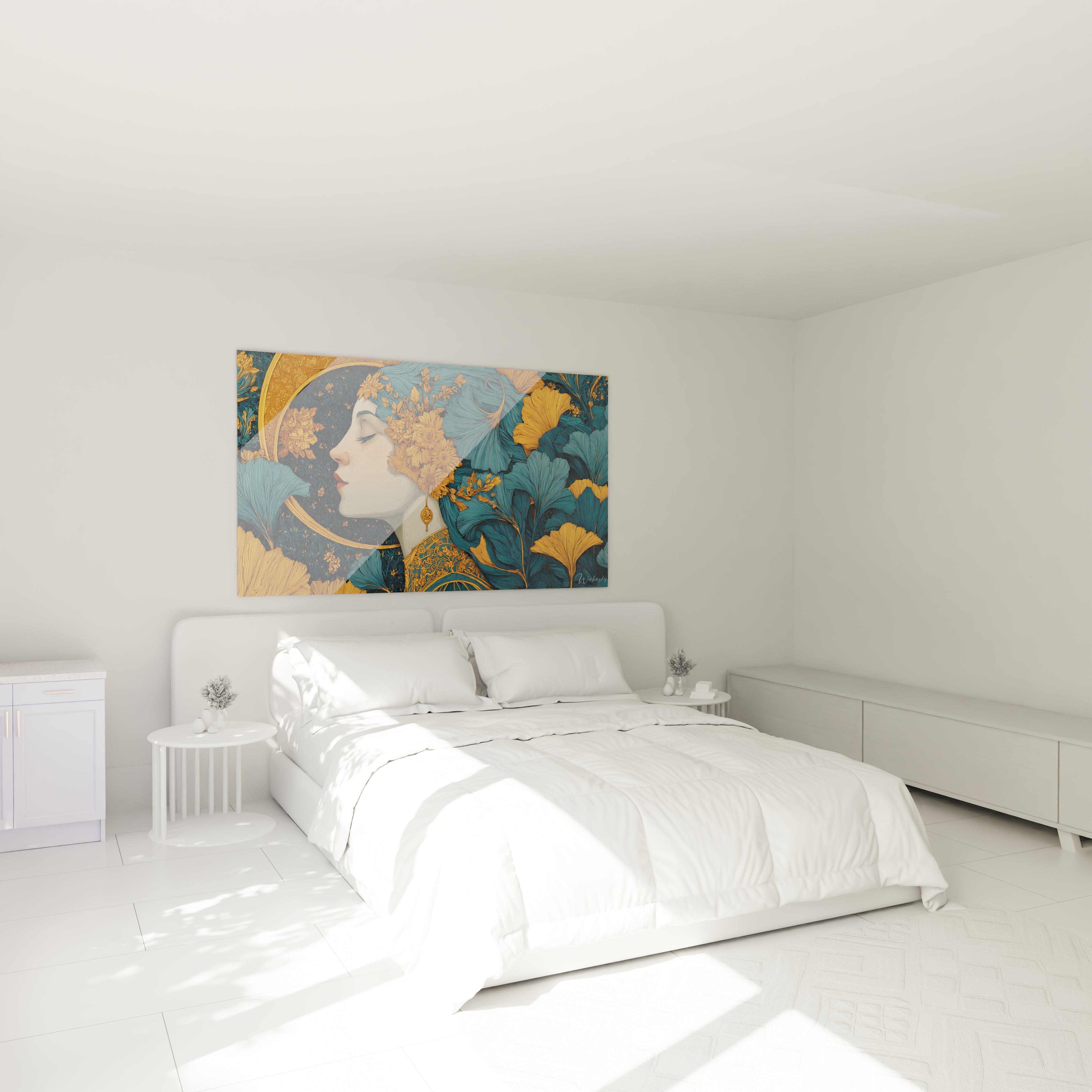 Walensky tableau femme méditation dorée affiché au dessus d un lit dans une chambre blanche minimaliste