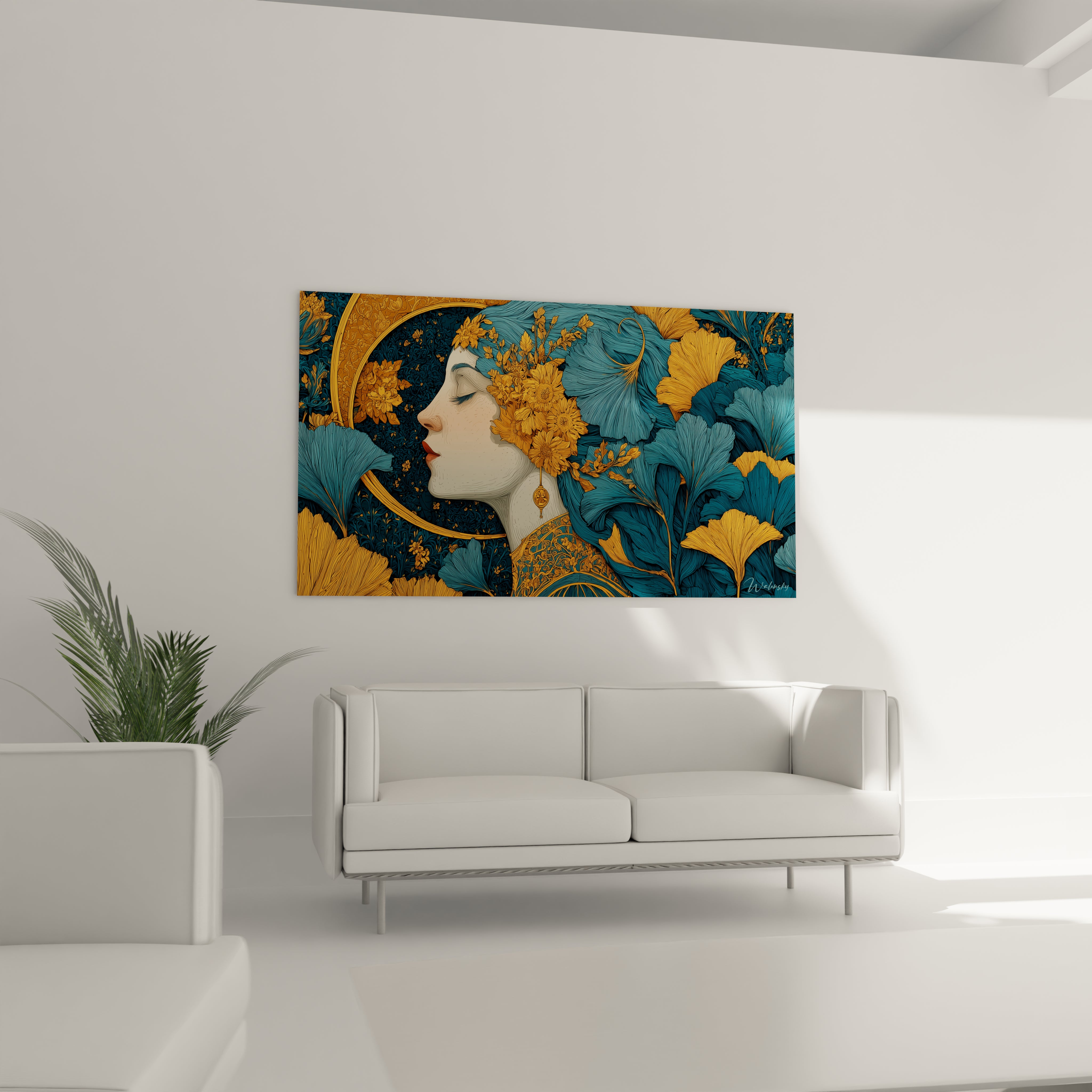 tableau femme méditation dorée Walensky mural profil féminin or et fleurs turquoise art décoratif