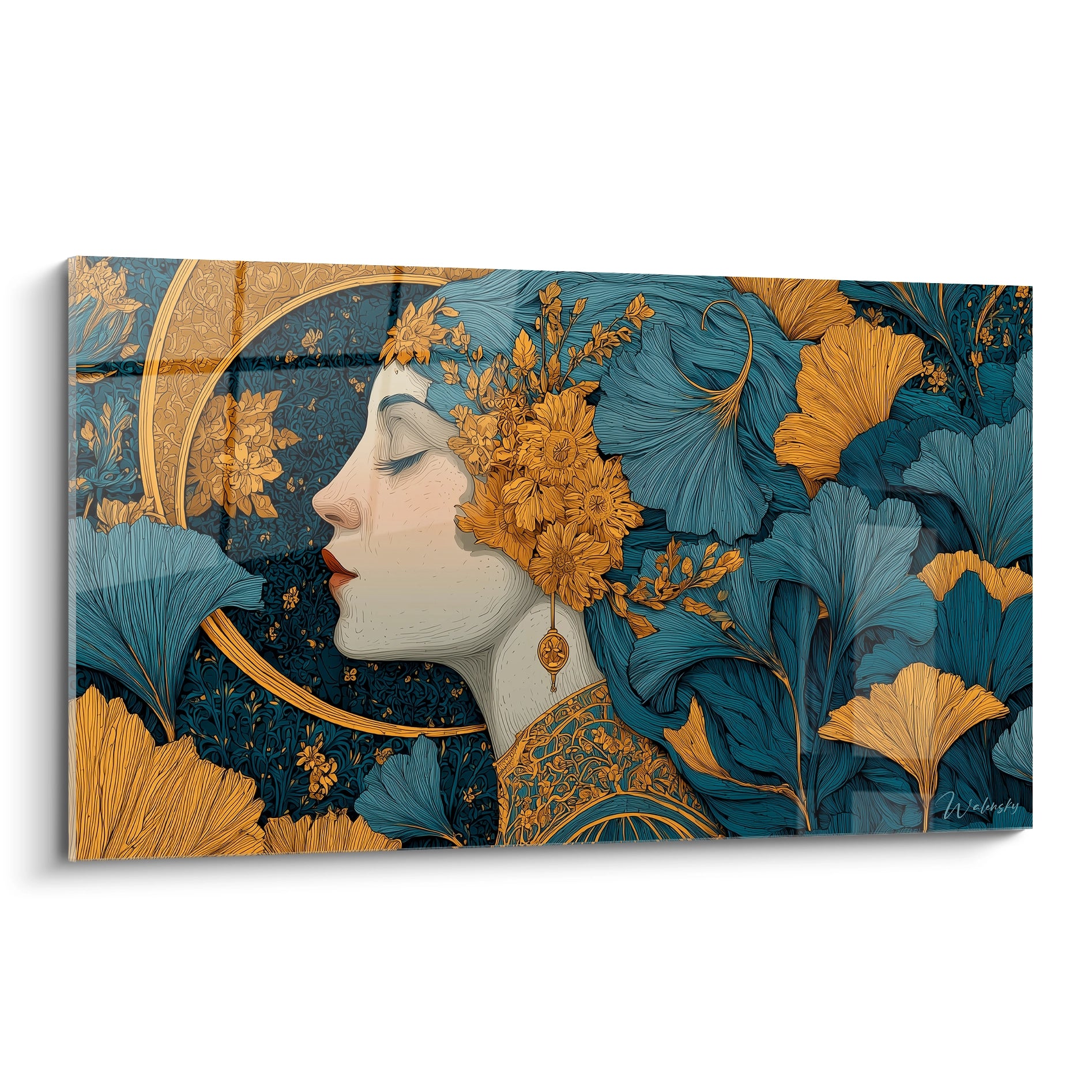 Walensky tableau femme méditation dorée profil féminin aux fleurs dorées et feuilles bleu vert pour décoration murale