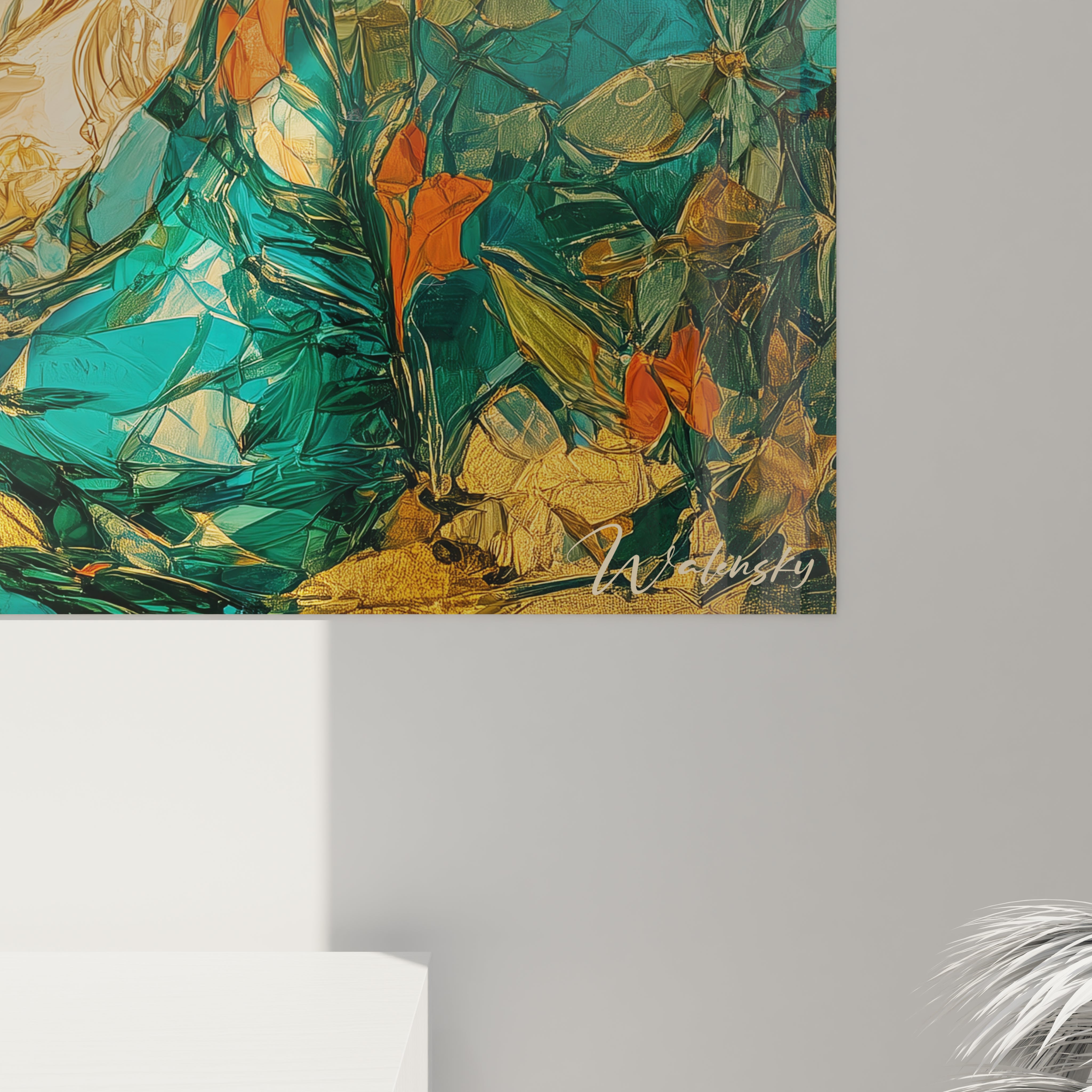 Tableau mural Walensky tableau femme ocre vermillon motif vegetal vert turquoise fleurs et dorure