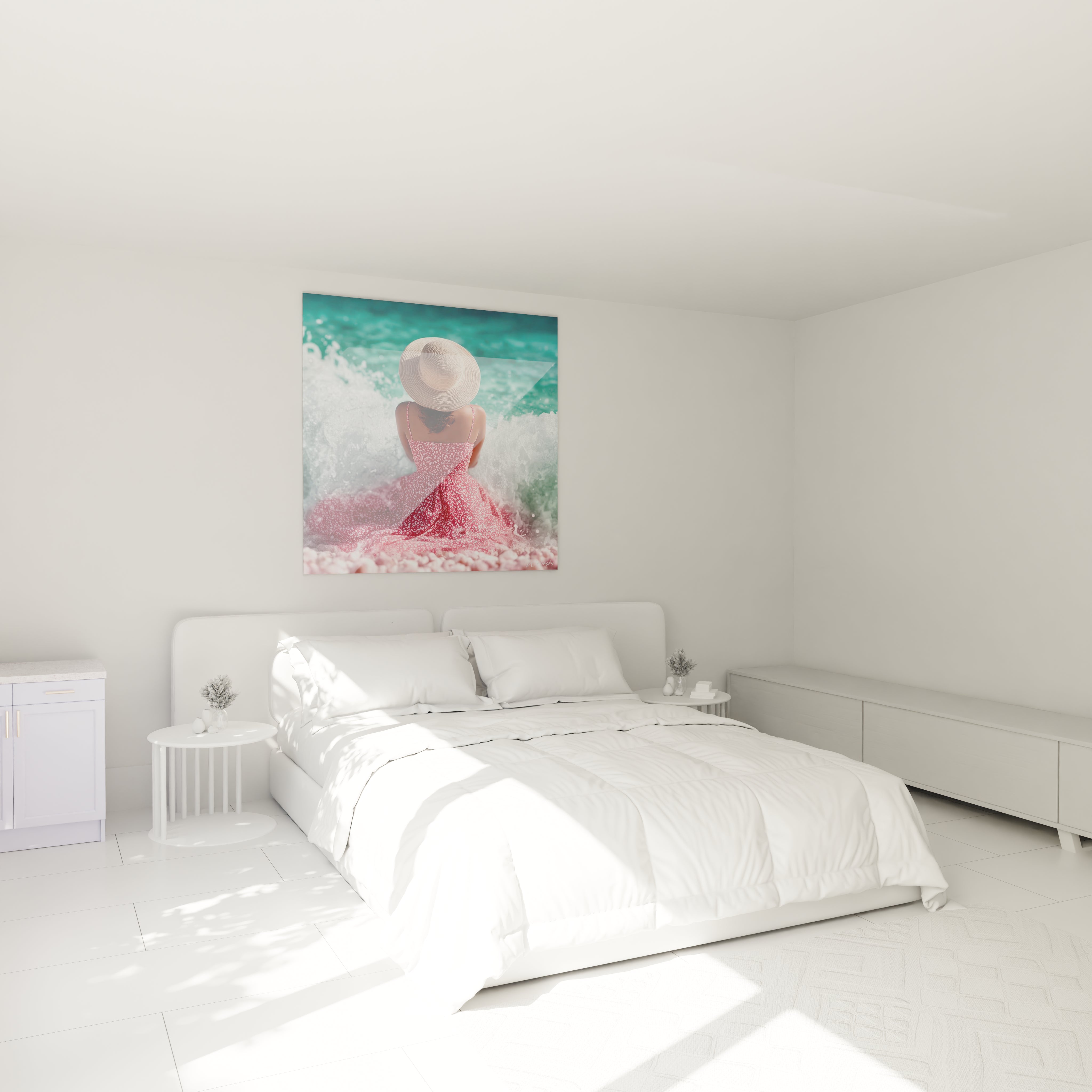 tableau femme plage moderne Walensky toile murale carrée femme en robe rose et chapeau face à la mer turquoise