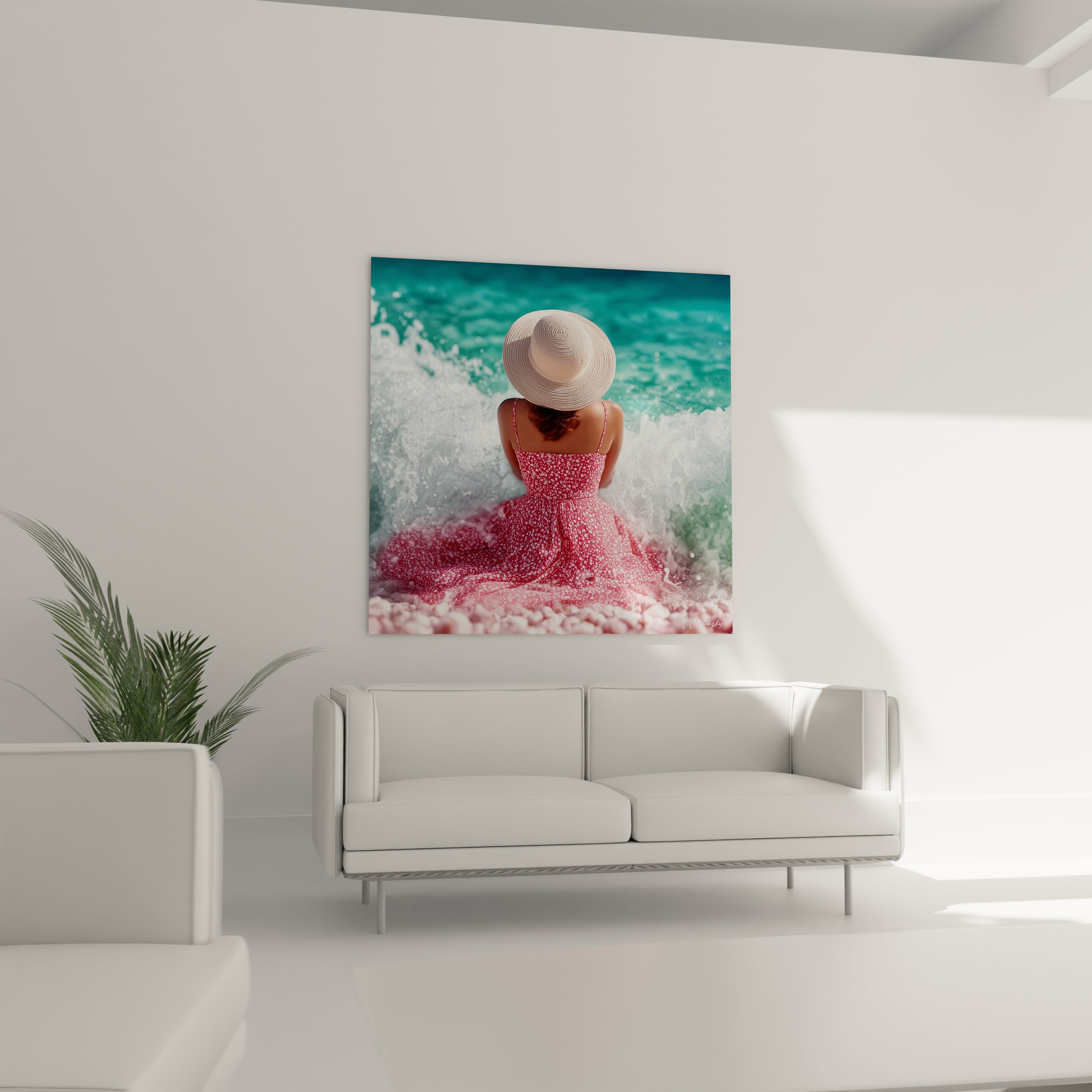 tableau femme plage moderne Walensky montrant une femme de dos en robe rose et chapeau paille face a la mer turquoise