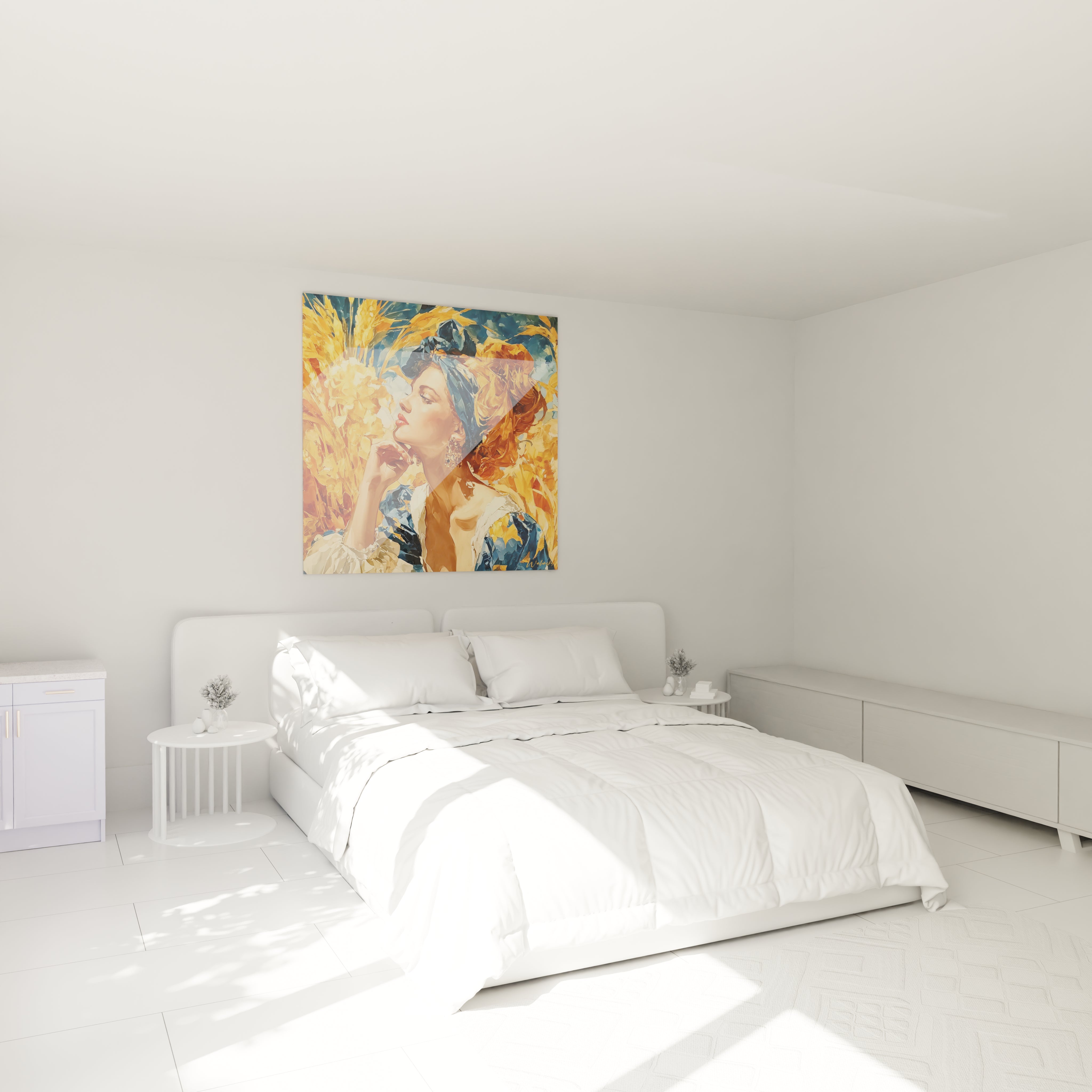 tableau femme renaissance italienne Walensky au dessus d un lit double dans chambre minimaliste blanche