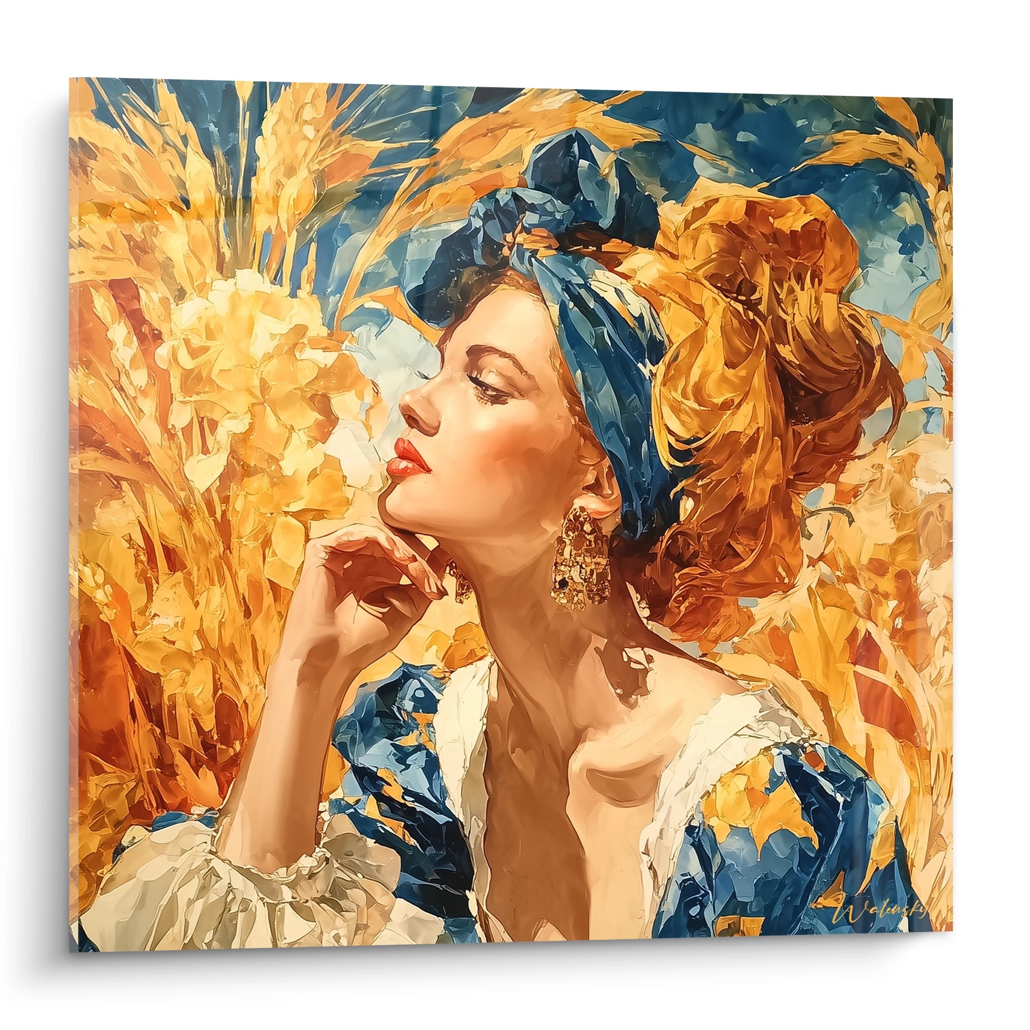 tableau femme renaissance italienne Walensky portrait de profil en toile coloree tons dores et bleus
