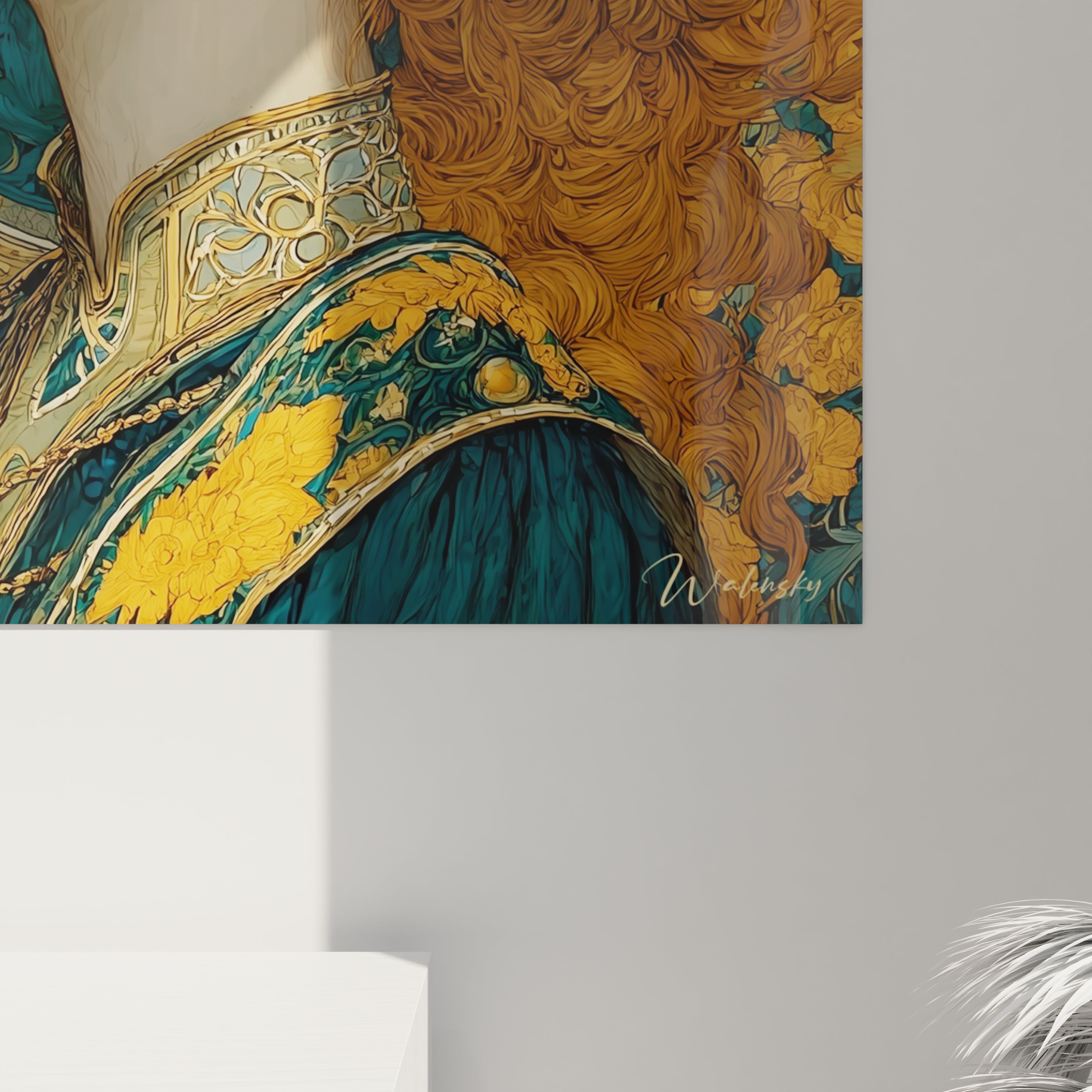 tableau femme rousse art nouveau par Walensky illustration murale detaillee cheveux roux boucles motifs or et vert pour salon