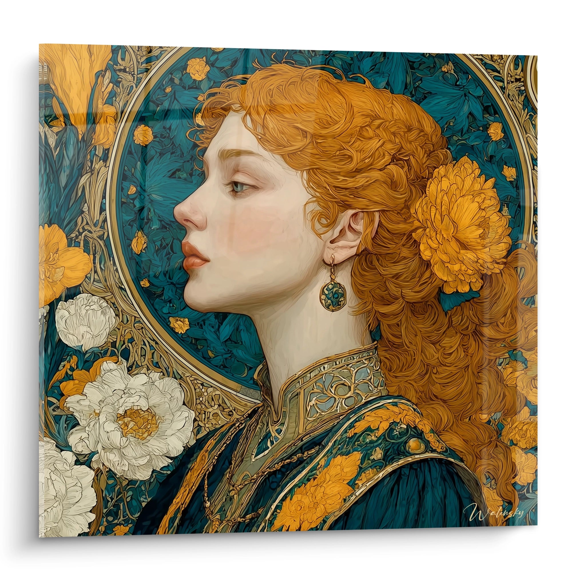 tableau femme rousse art nouveau Walensky portrait de profil d'une femme rousse aux fleurs dorées sur fond bleu