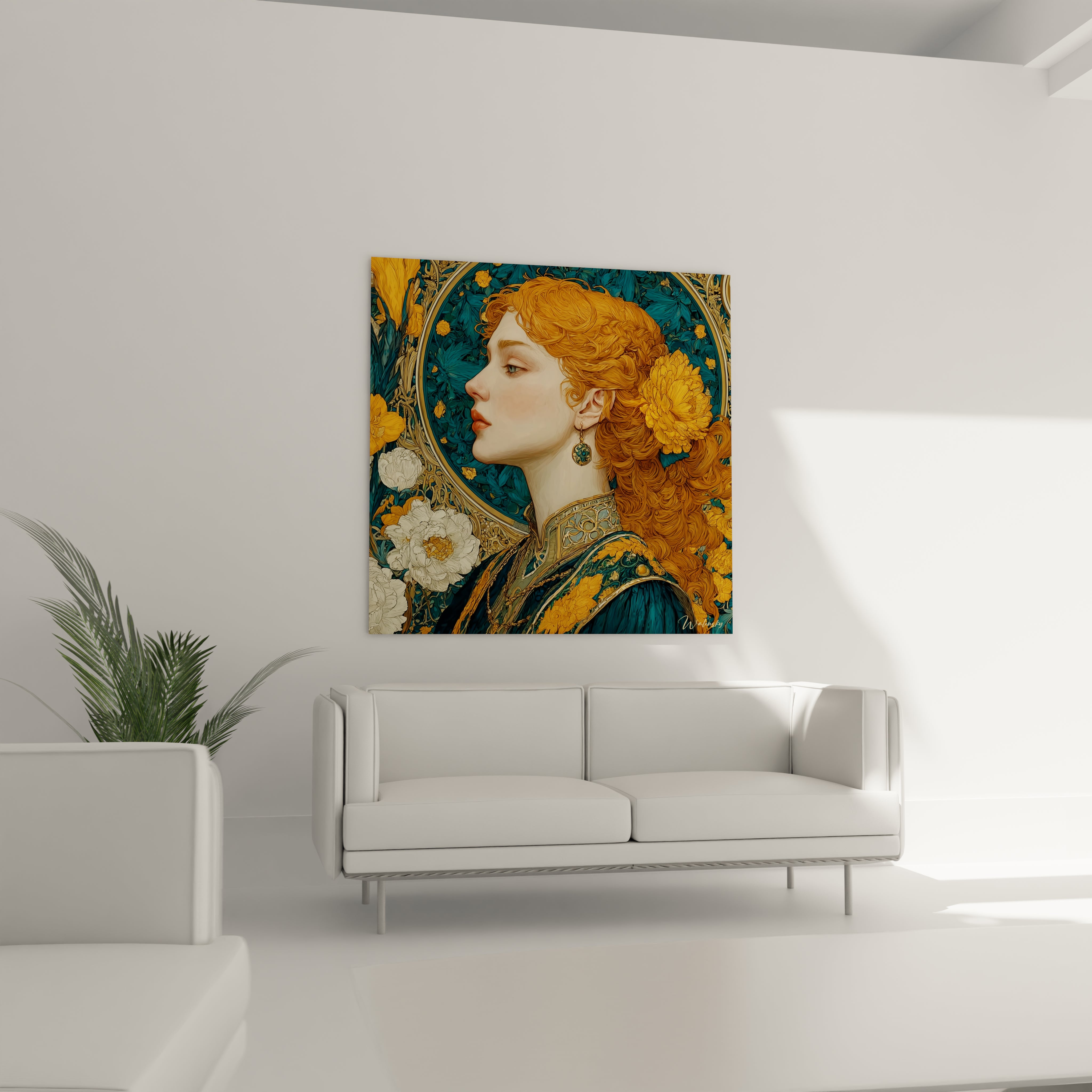 Tableau mural Walensky représentant un tableau femme rousse art nouveau en profil coloré accroché au dessus d un canapé blanc