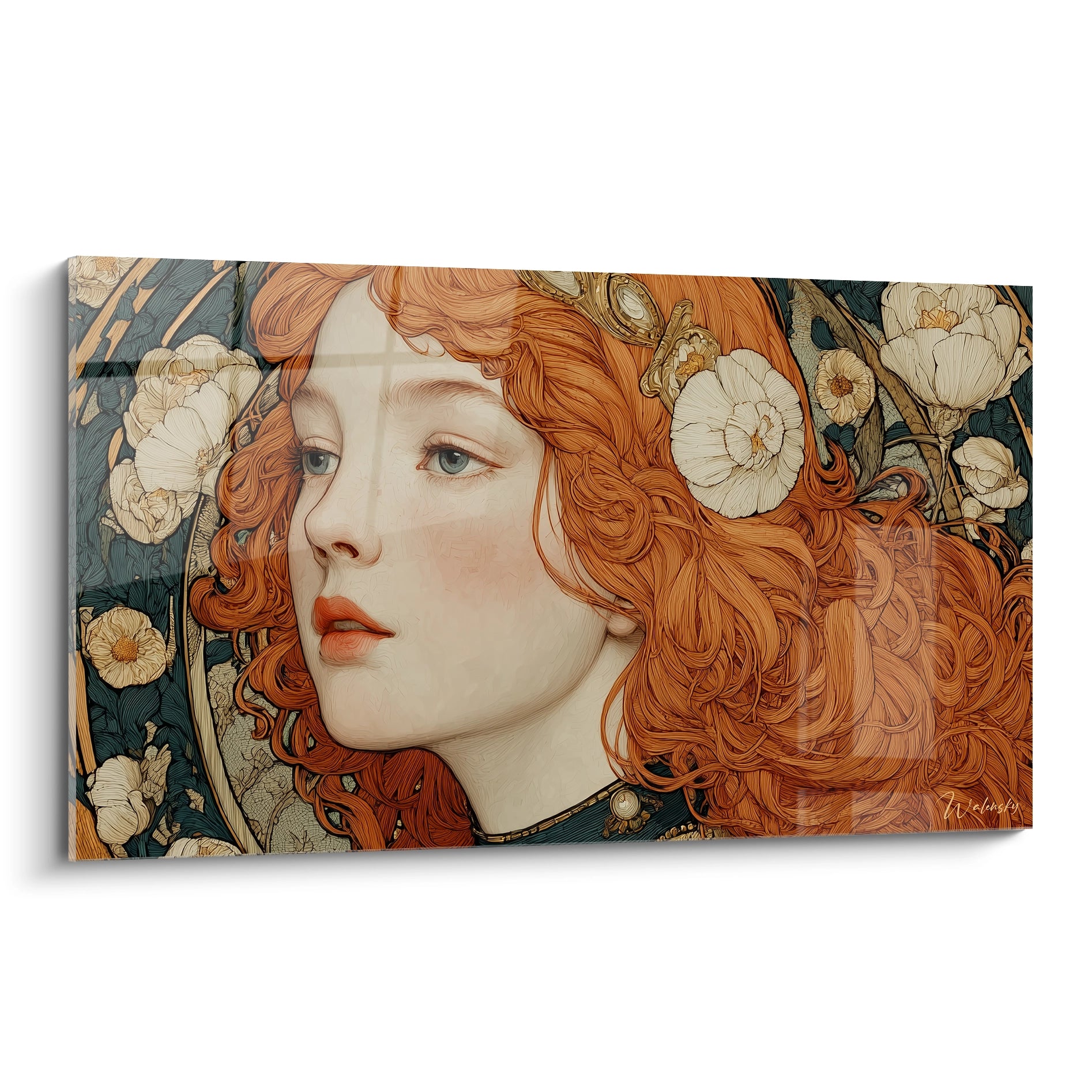Walensky tableau femme rousse art nouveau portrait mural en verre gros plan profil de femme aux fleurs