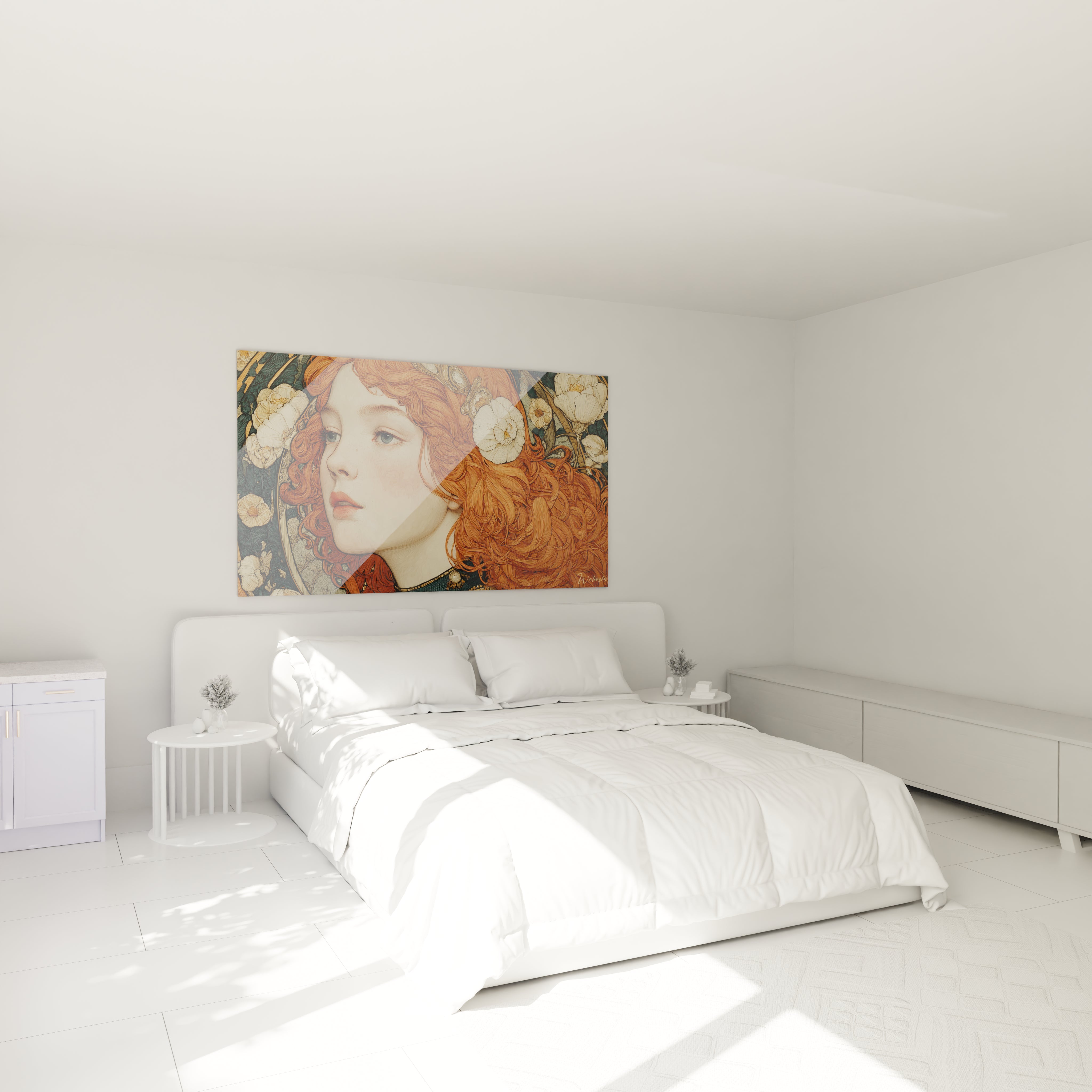 tableau femme rousse art nouveau Walensky tableau mural décoratif accroché au dessus d un lit blanc moderne