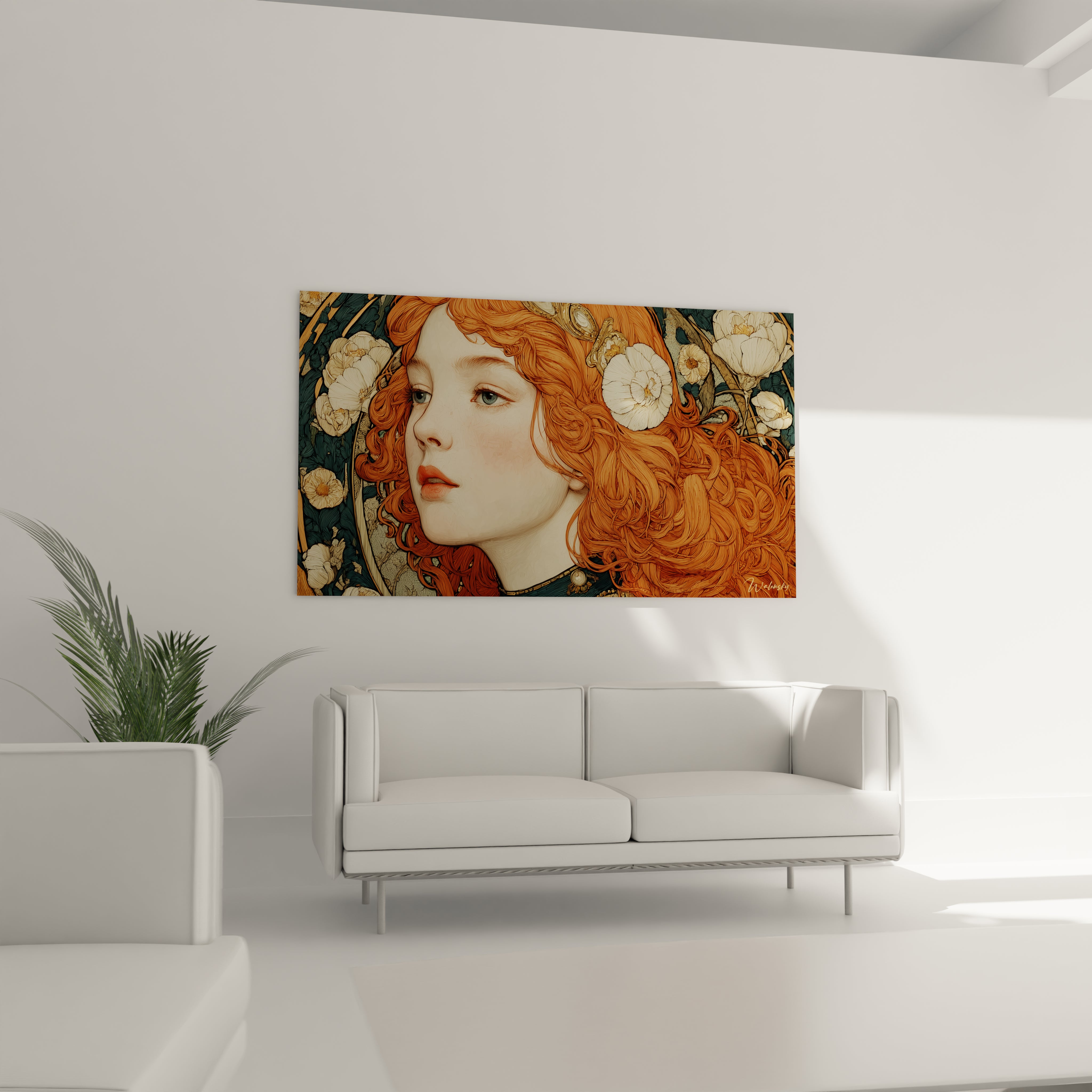 Walensky tableau femme rousse art nouveau portrait mural d une femme aux longs cheveux roux et fleurs décoratives