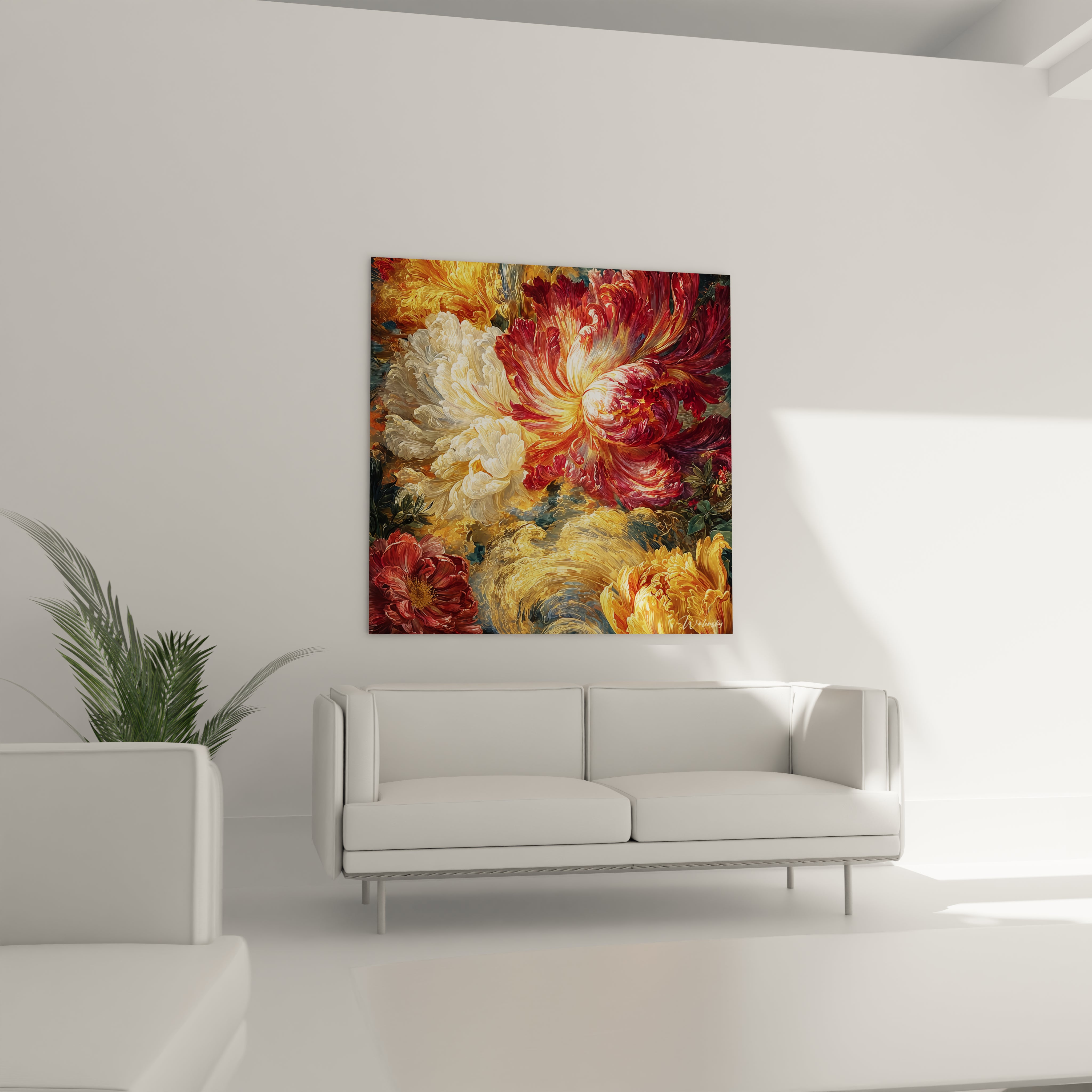tableau fleurs baroque Walensky peinture murale florale rouge et jaune posé au dessus d un canapé blanc minimaliste
