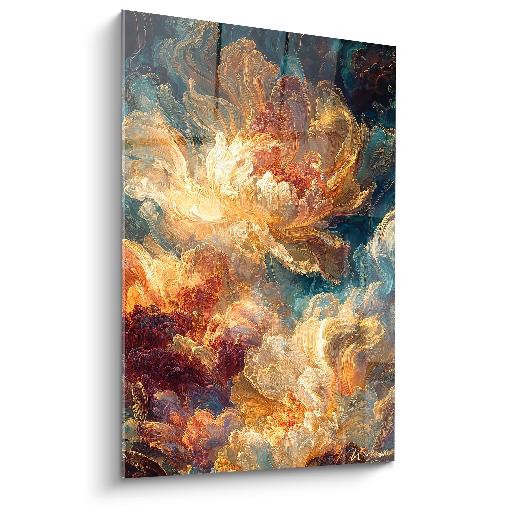 tableau fleurs baroque Walensky peinture murale florale lumineuse en toile abstraite tons dore et bleu