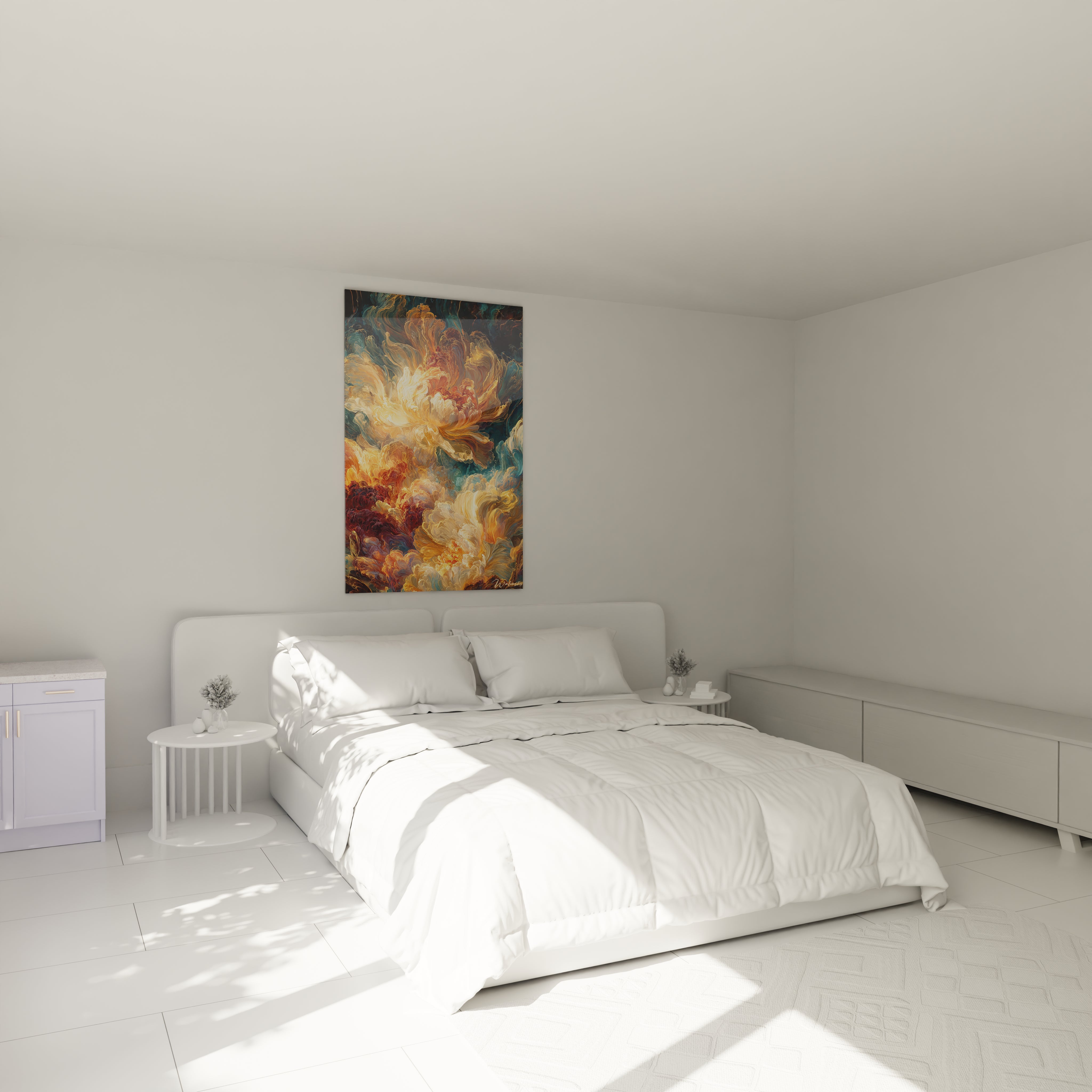 tableau fleurs baroque mural par Walensky au dessus d un lit blanc minimaliste avec couleurs chaudes