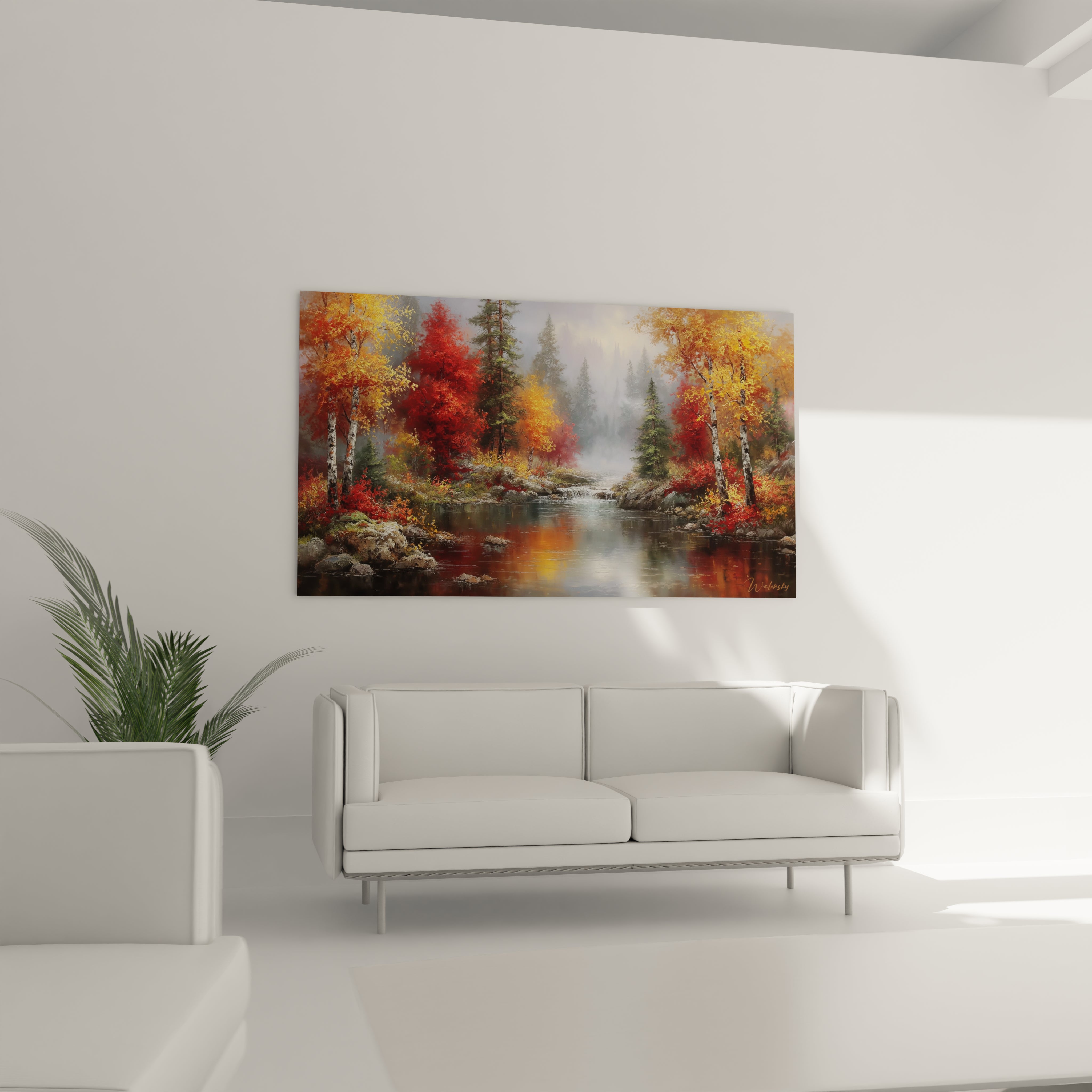 Tableau mural Walensky tableau forêt automnale paysage paisible avec rivière arbres rouges et jaunes
