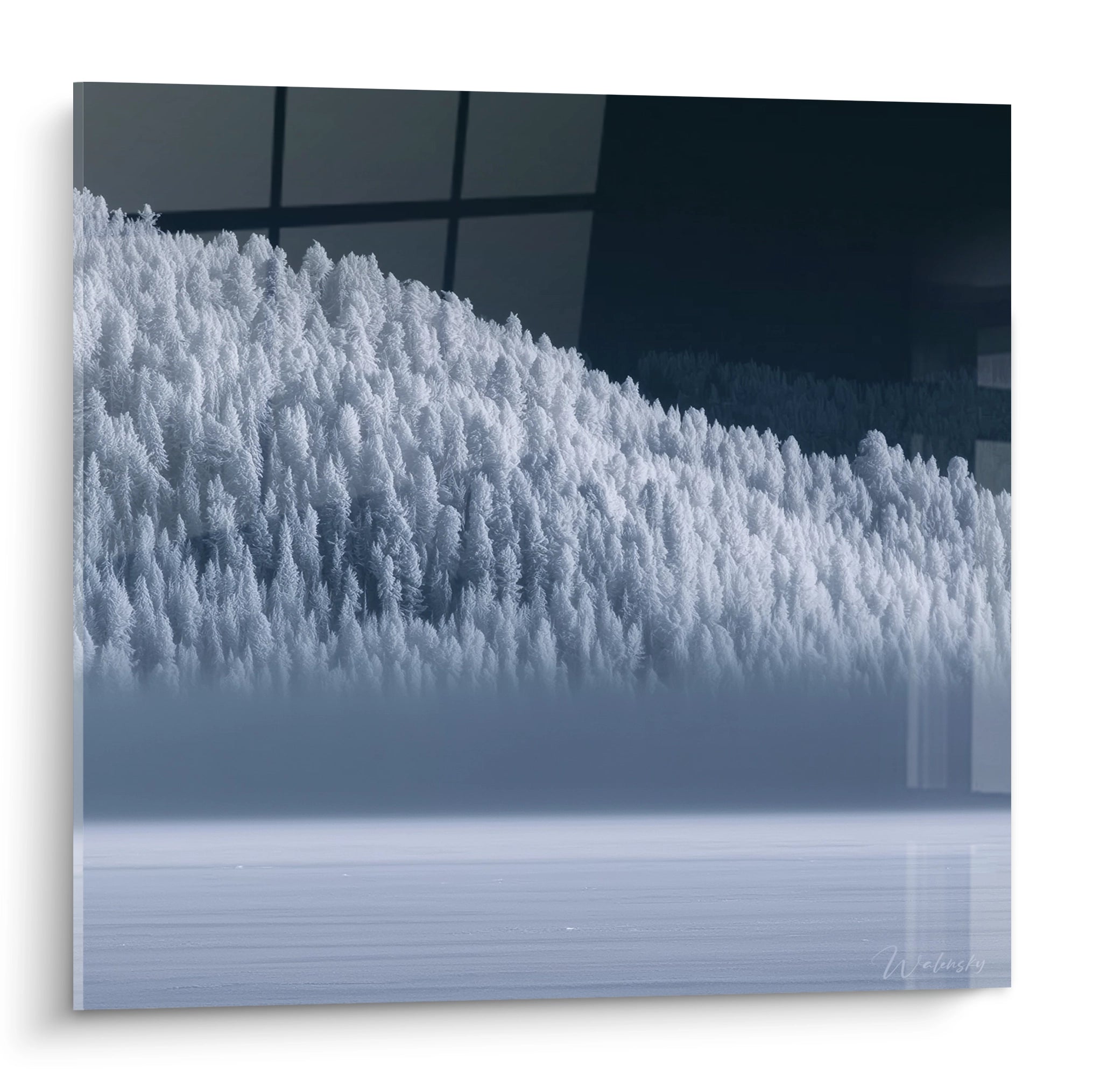 tableau forêt hiver Walensky mural grande toile montrant une colline de sapins enneigés avec reflet