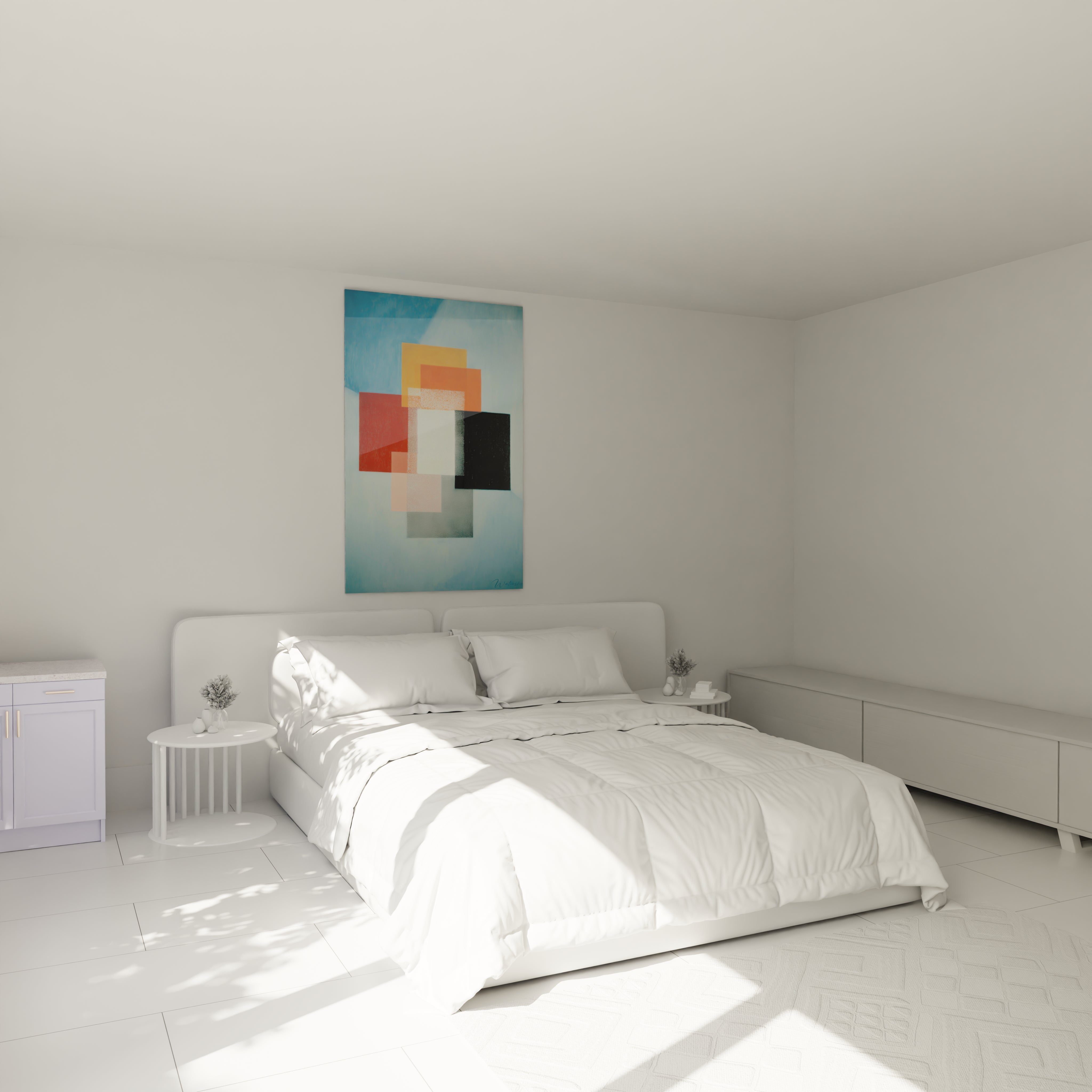 Tableau mural Walensky tableau formes géométriques constructivisme accroché au dessus du lit dans une chambre minimaliste blanche