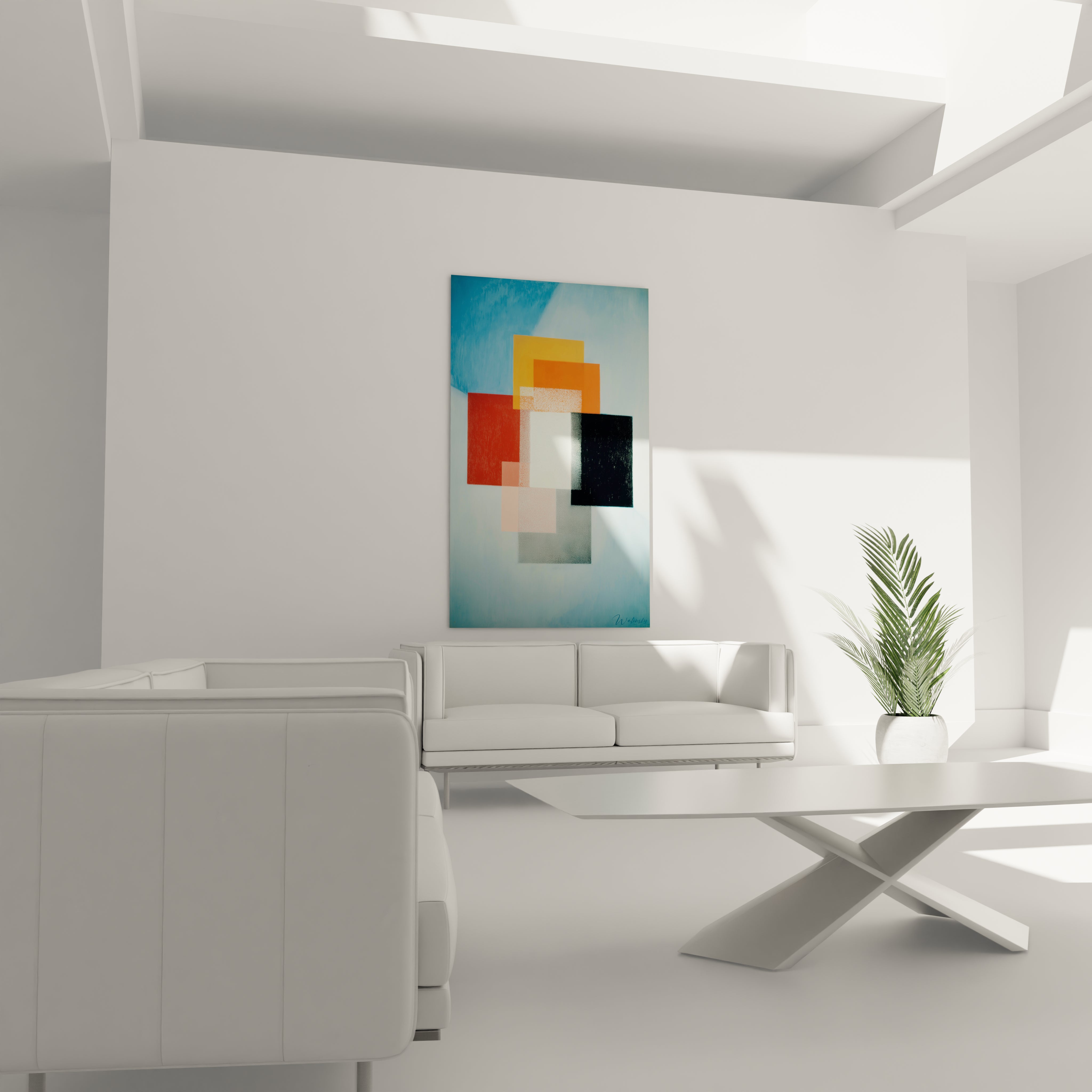 tableau formes géométriques constructivisme Walensky accroché au dessus d un canapé blanc dans un salon minimaliste lumineux