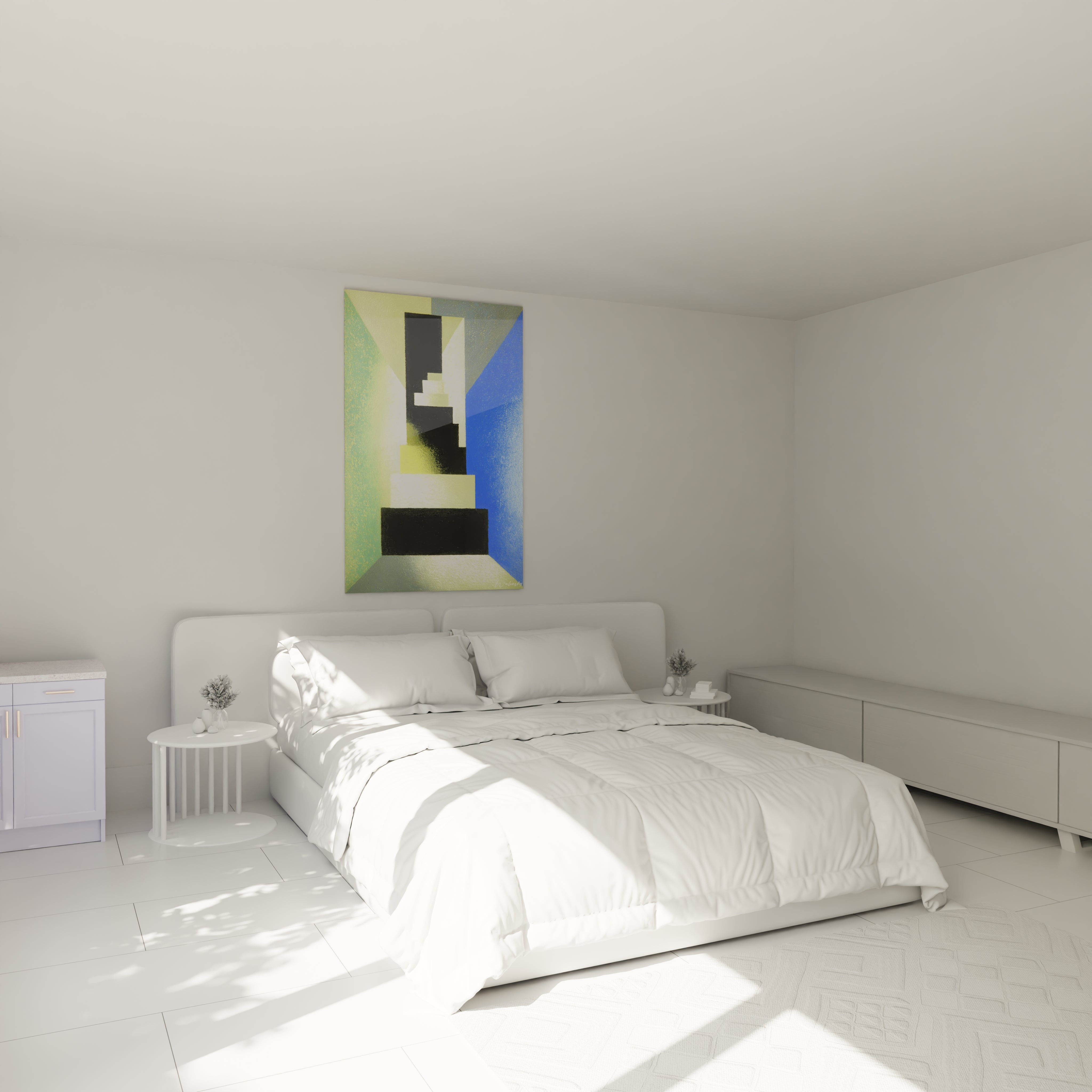 tableau formes géométriques constructivisme de Walensky accroché au dessus d un lit blanc minimaliste dans une chambre lumineuse