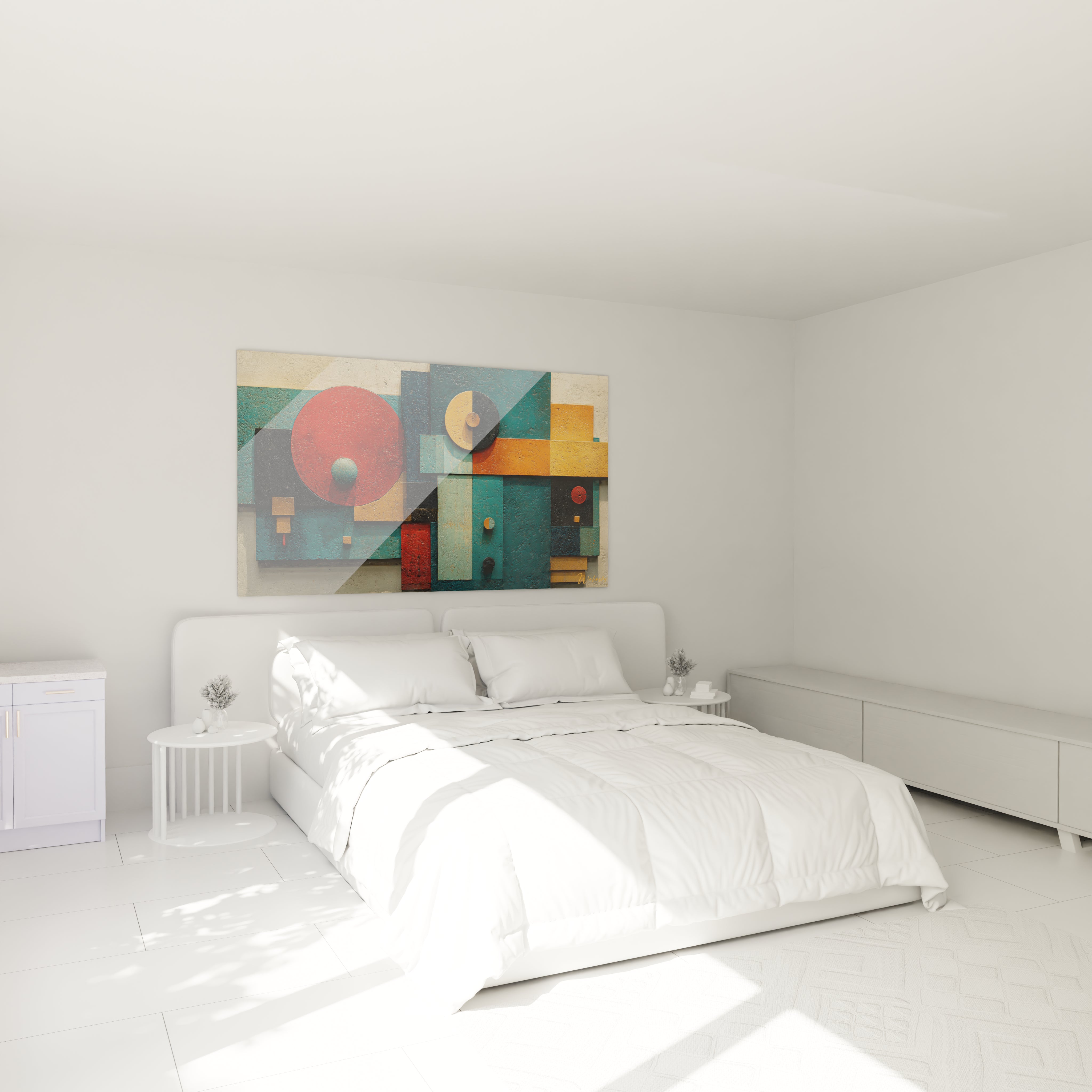tableau géométrique abstrait Walensky coloré au dessus d un lit blanc moderne dans une chambre minimaliste