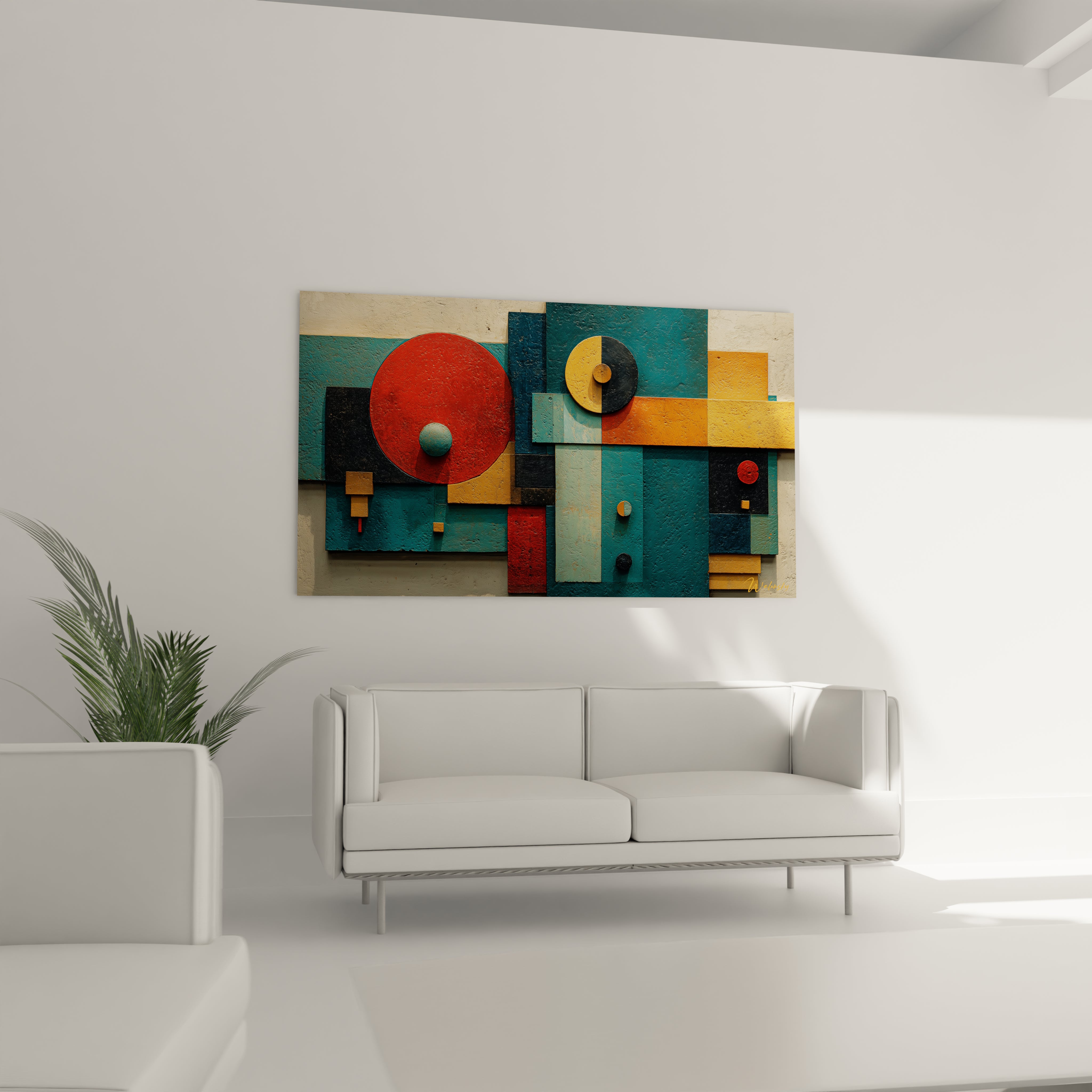 Walensky tableau géométrique abstrait mural aux formes rouges jaunes et turquoises accroché au dessus d un canapé blanc