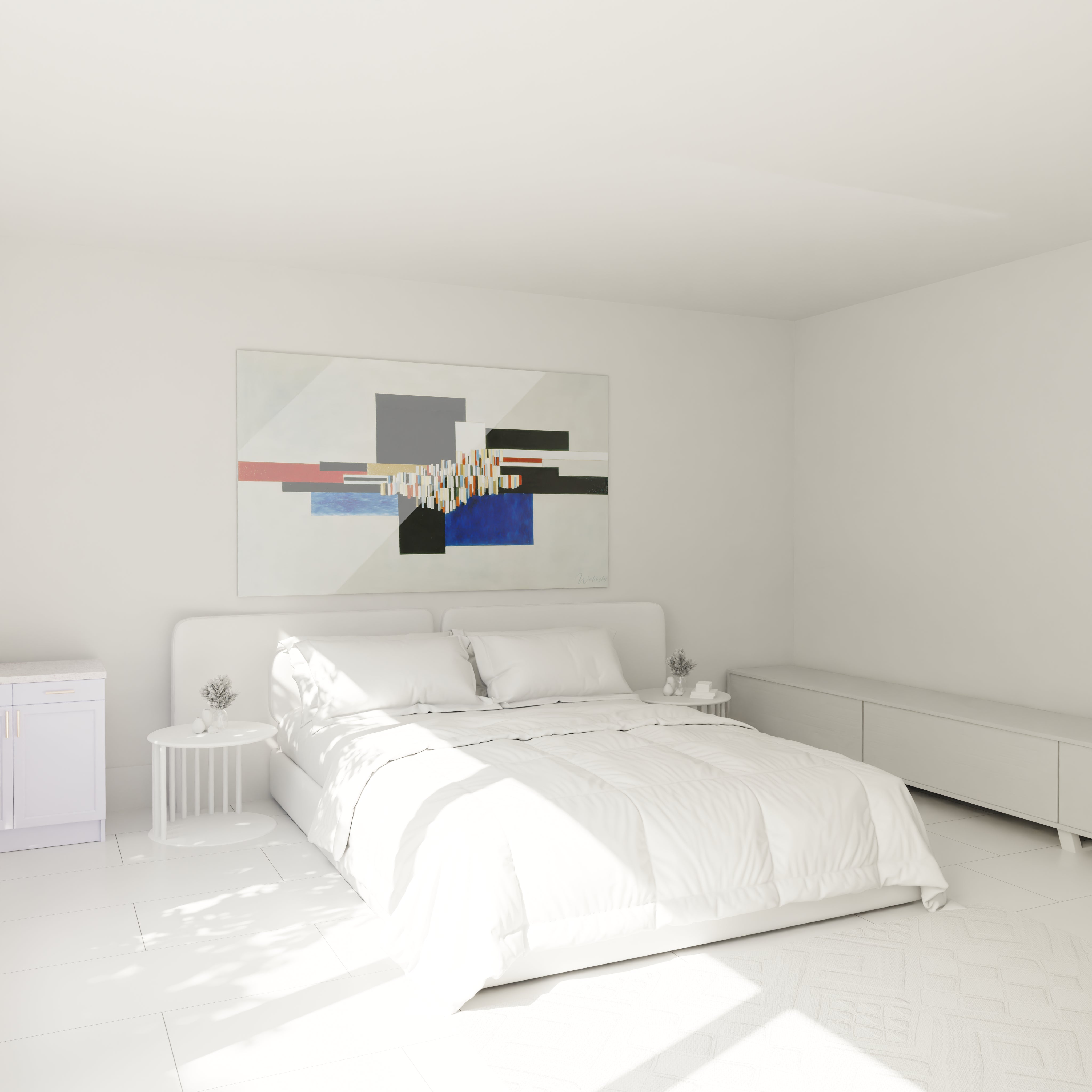 tableau géométrique constructivisme Walensky au dessus d un lit blanc minimaliste dans une chambre lumineuse