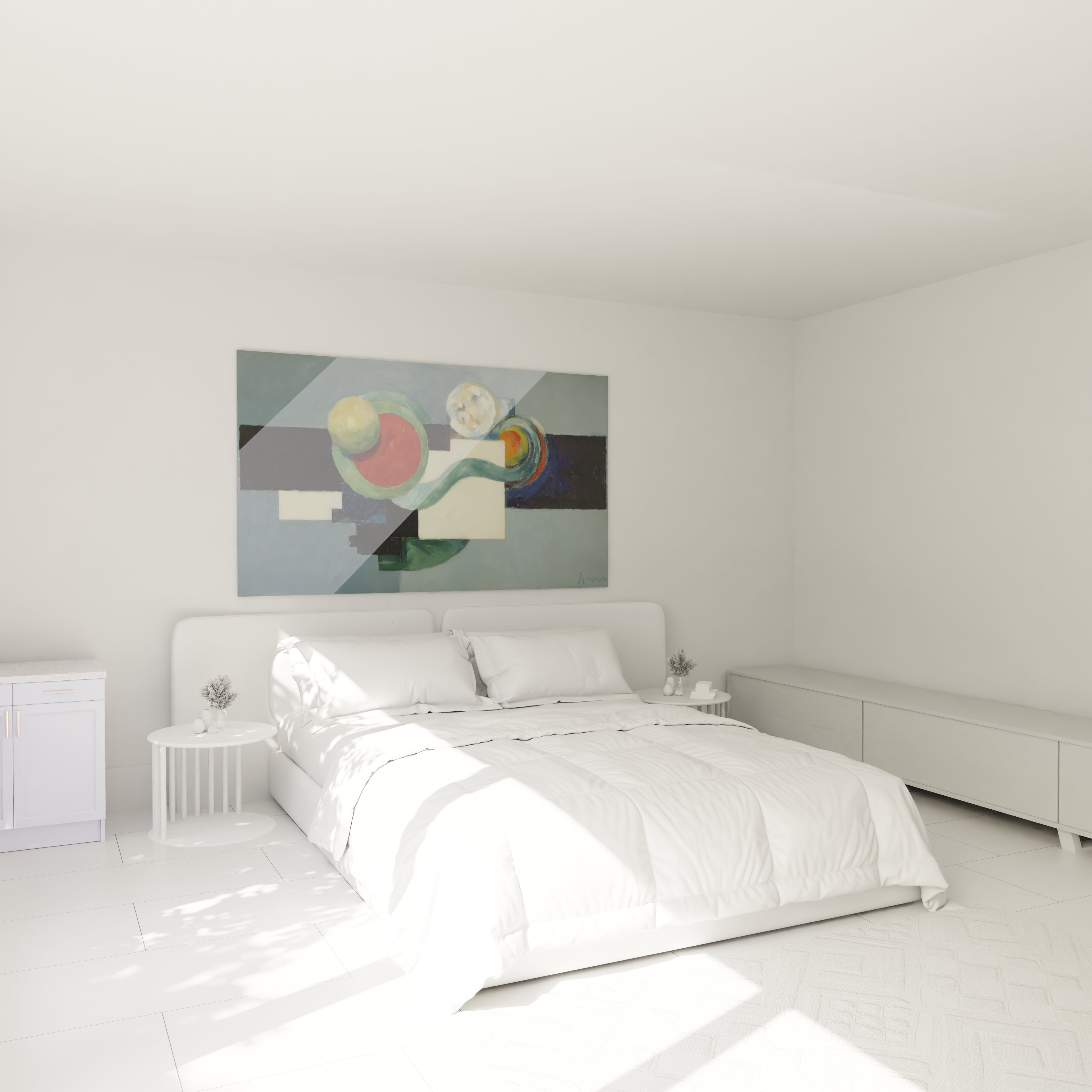 tableau géométrique dadaïsme Walensky placé au dessus du lit double dans une chambre blanche minimaliste