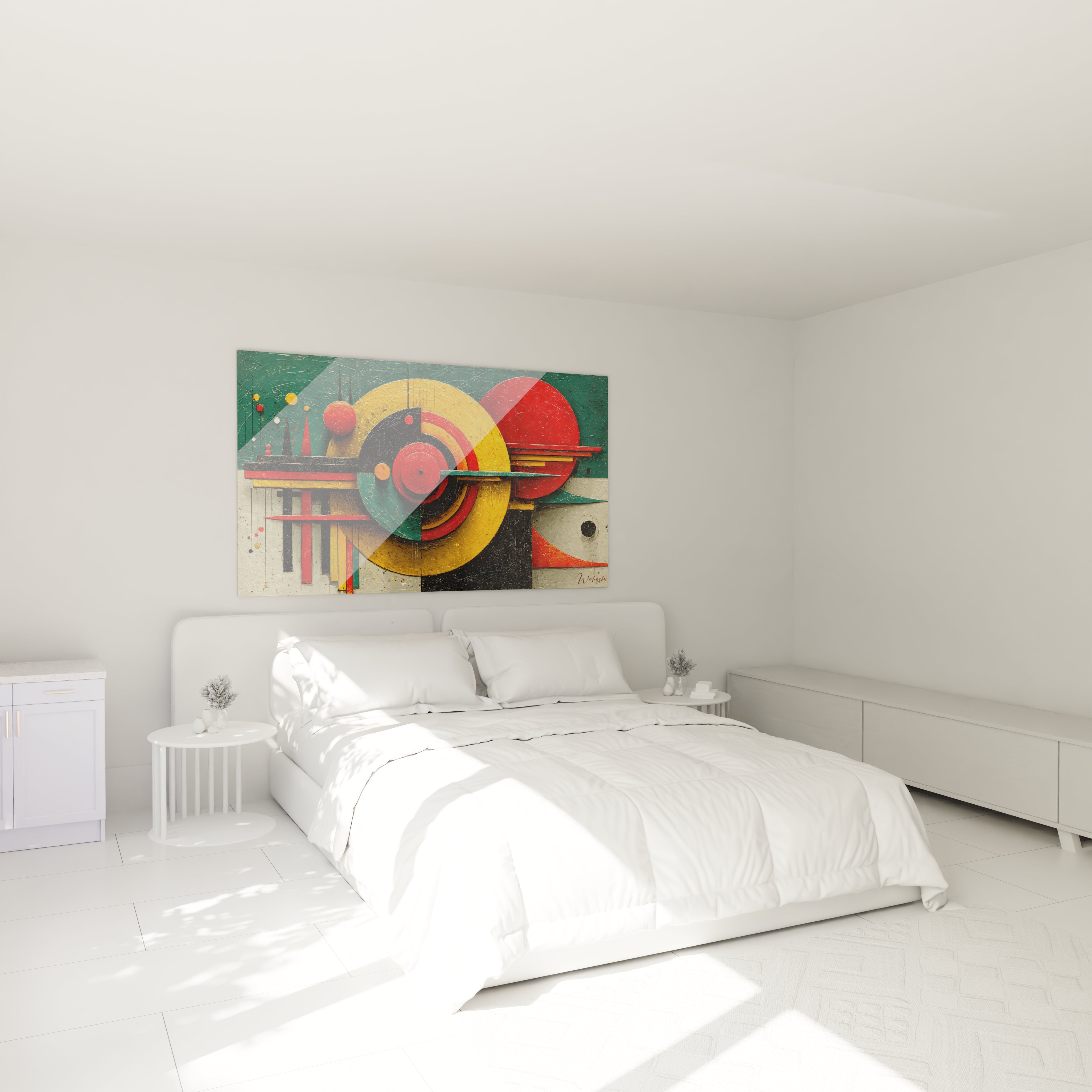 Walensky tableau géométrique design Bauhaus coloré sur toile au dessus du lit blanc dans chambre minimaliste