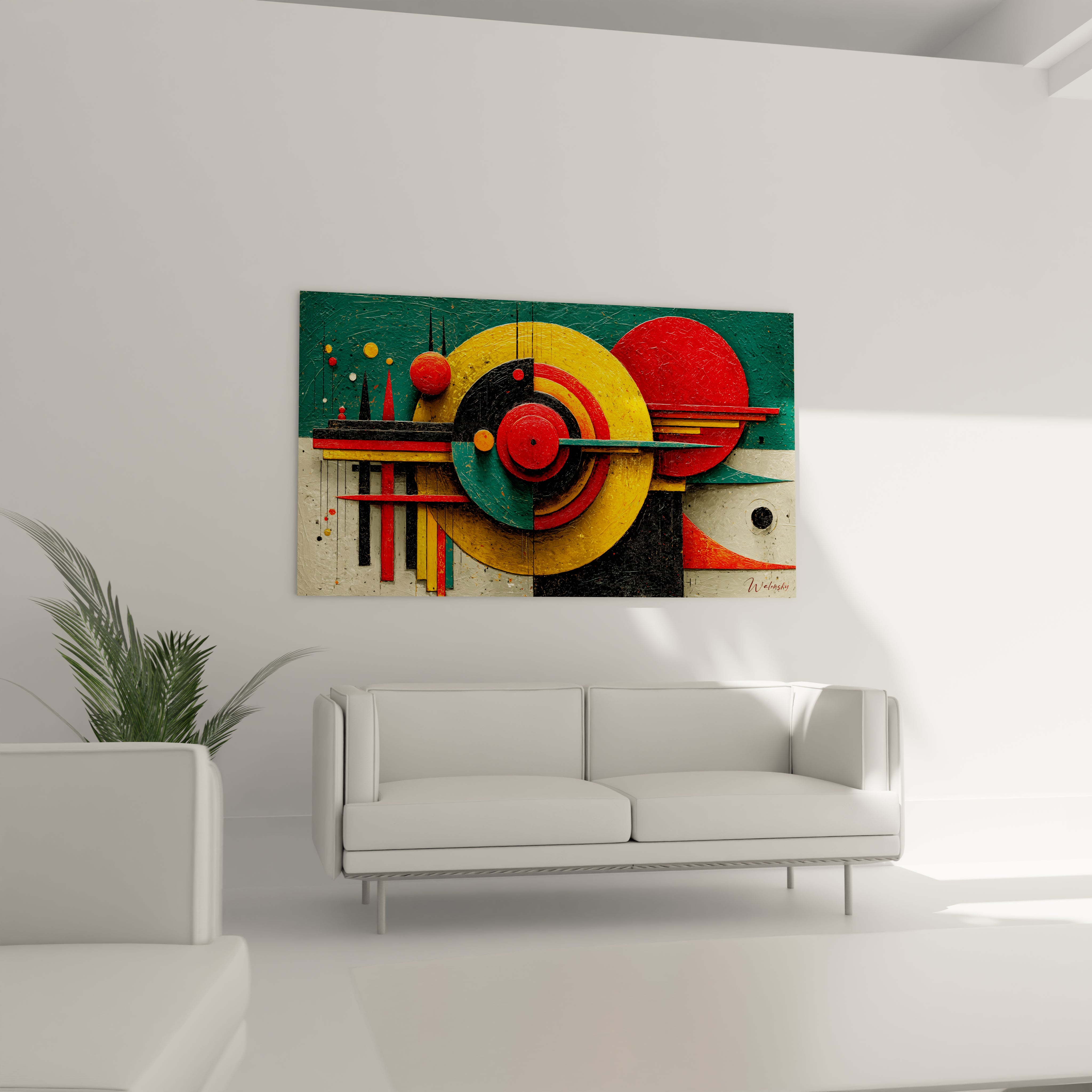 tableau géométrique design Bauhaus mural coloré avec cercles rouges et jaunes au dessus d un canapé blanc