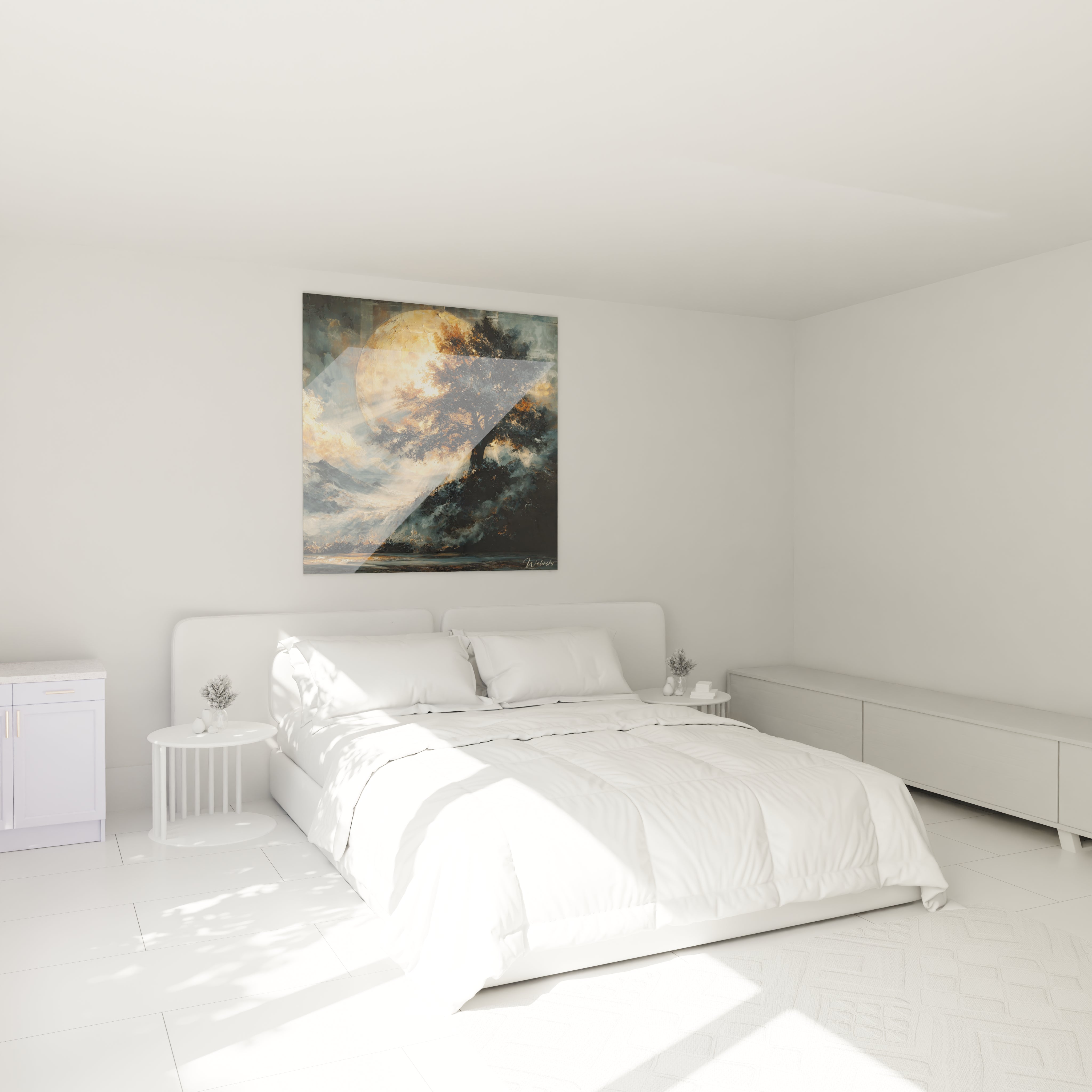 tableau gothique arbre Walensky accroche au dessus d un lit blanc moderne decor minimaliste chambre