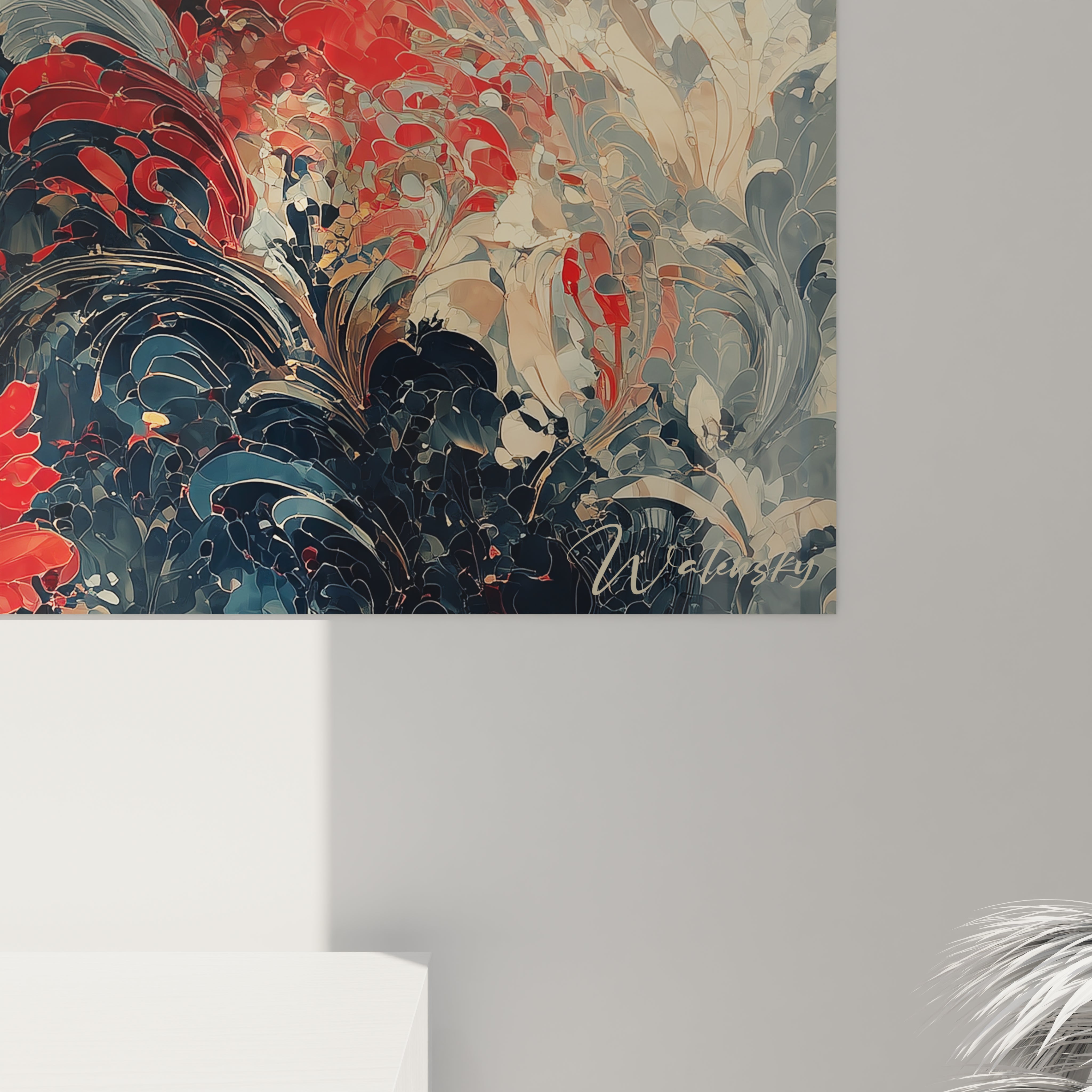 Tableau mural Walensky abstrait floral aux tons rouges et bleus avec signature et détails ornementaux, tableau gothique femme
