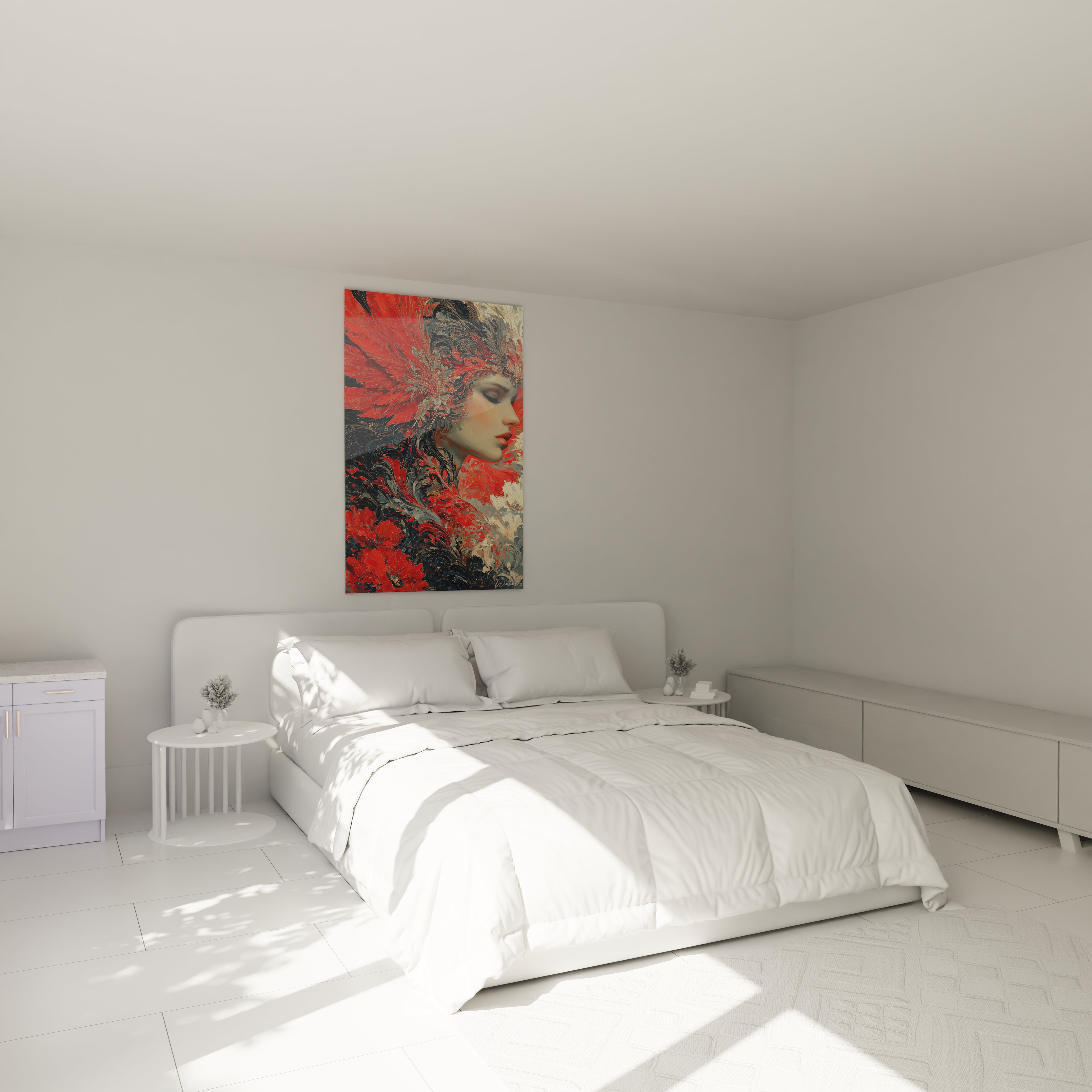tableau gothique femme Walensky au dessus du lit blanc dans une chambre minimaliste lumineuse