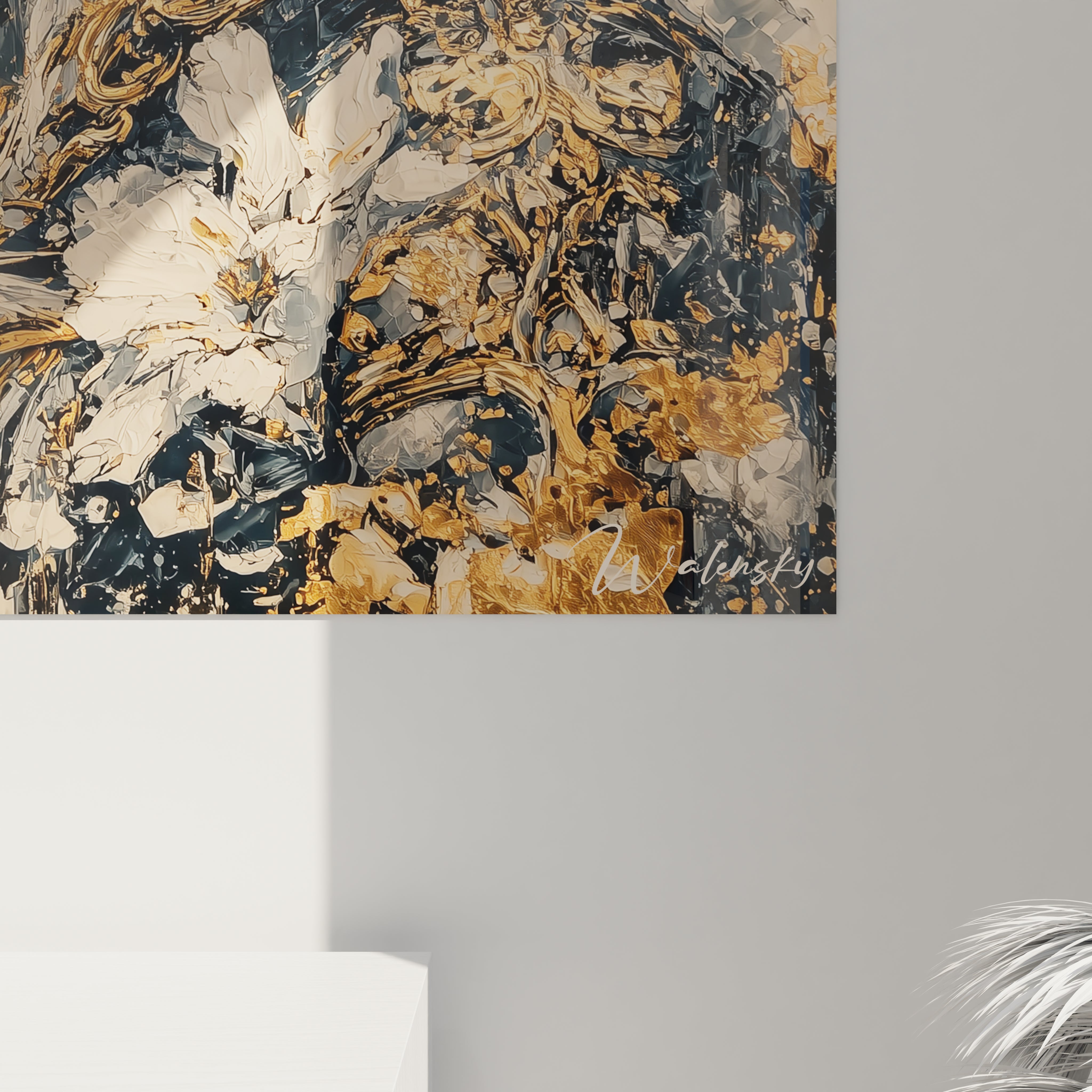 Tableau mural Walensky peinture texturée noir or blanc motifs floraux abstraits tableau gothique femme solitude