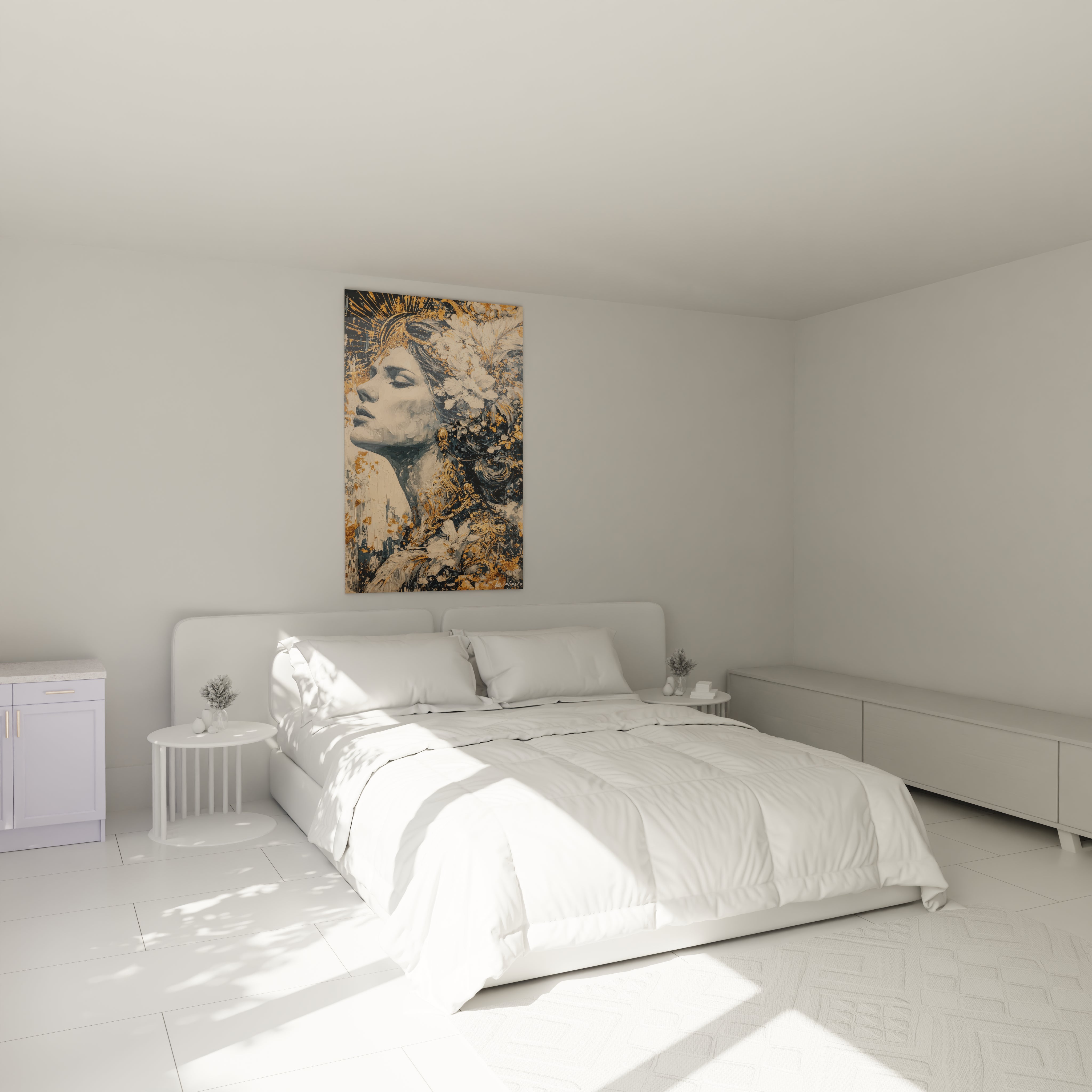 tableau gothique femme solitude Walensky présenté au mur au dessus d un lit blanc dans une chambre minimaliste