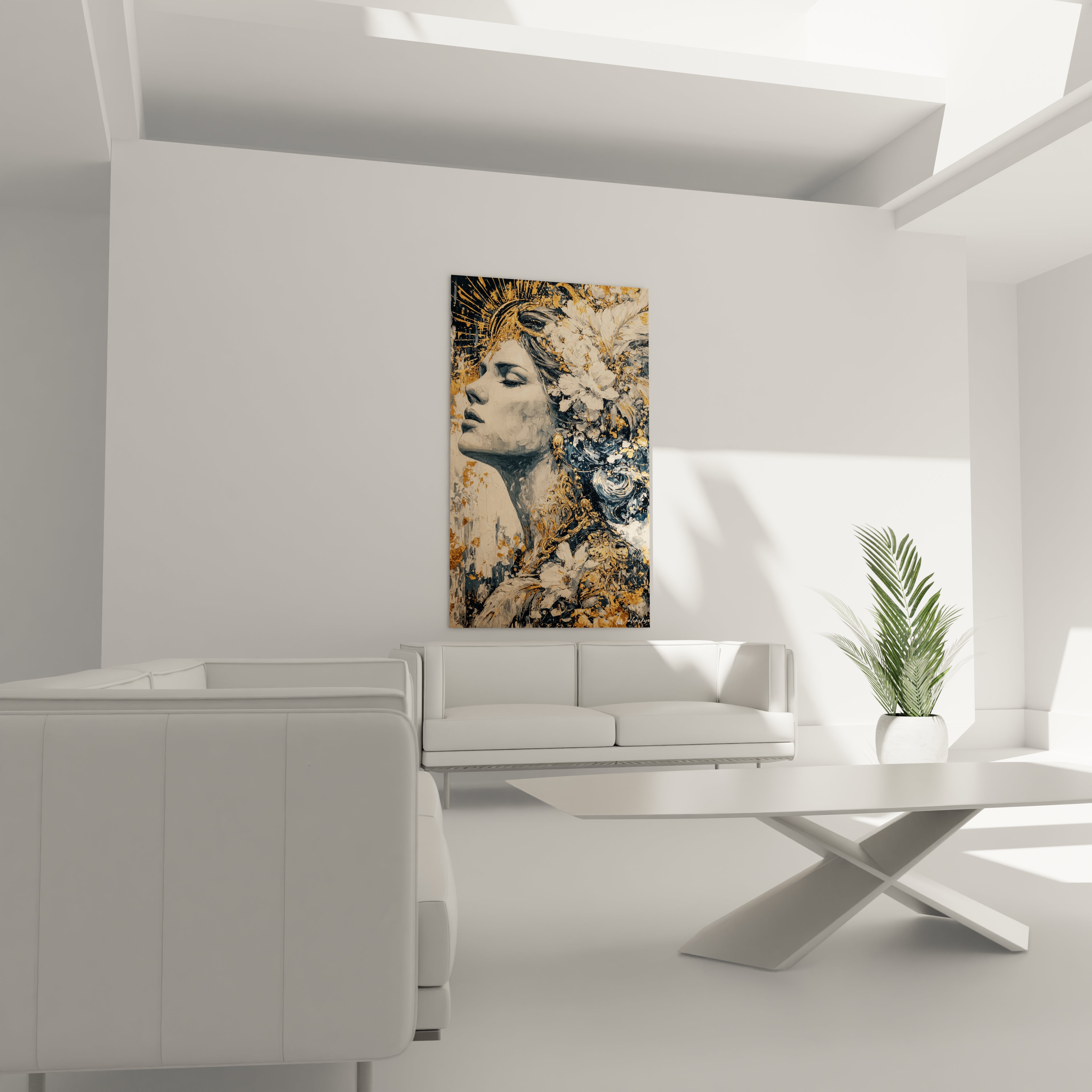 Tableau mural Walensky tableau gothique femme solitude portrait féminin mélancolique ornement floral en tons dorés et bleus