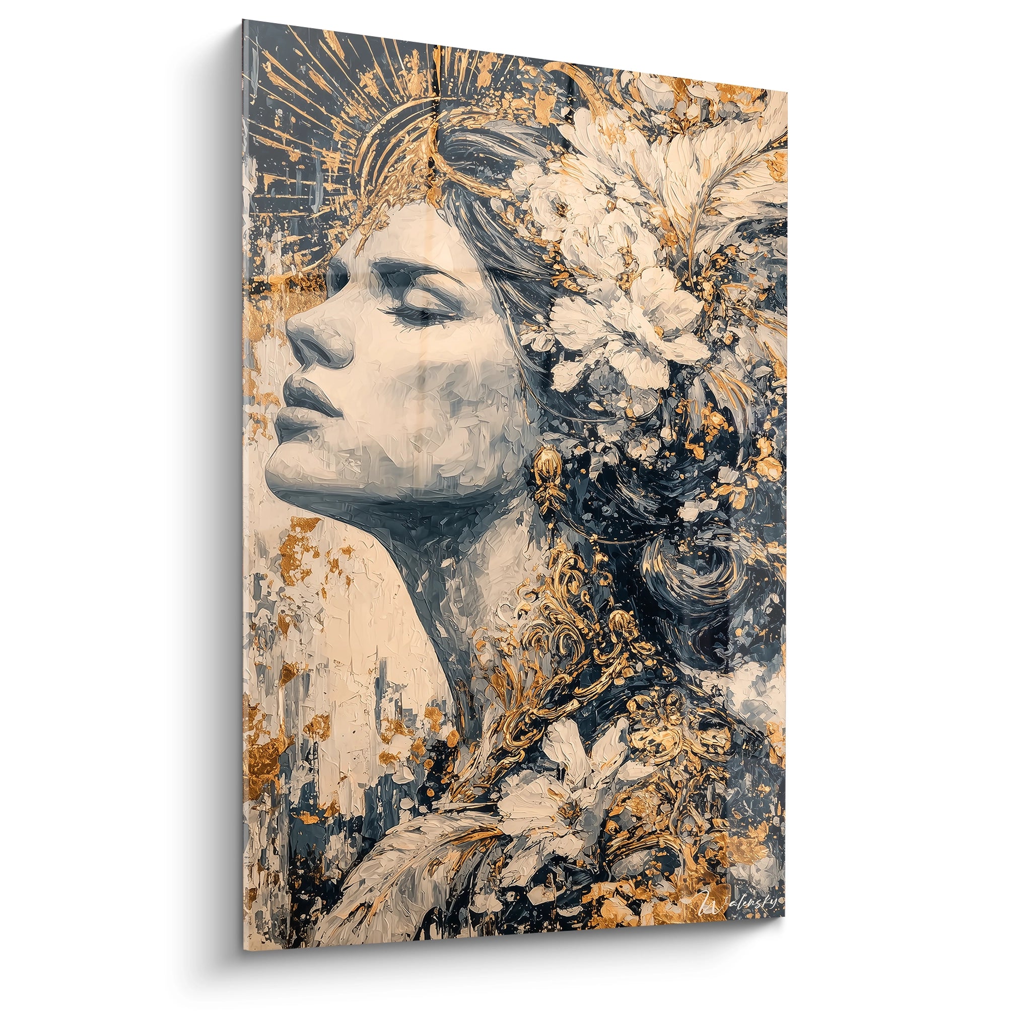 Tableau Walensky tableau gothique femme solitude portrait en profil d une femme couronne de fleurs dorées et textures peintes