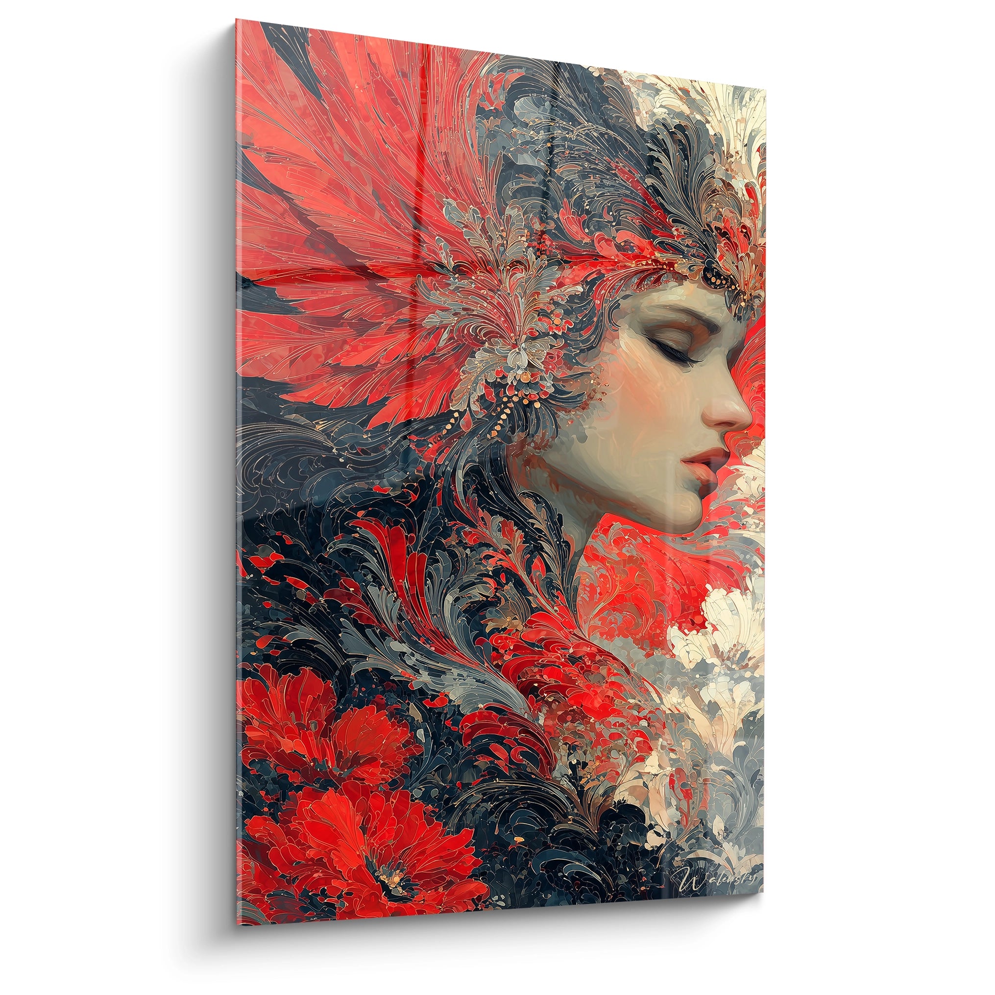 Tableau mural Walensky tableau gothique femme profil féminin ornemental plumes rouges et motifs floraux