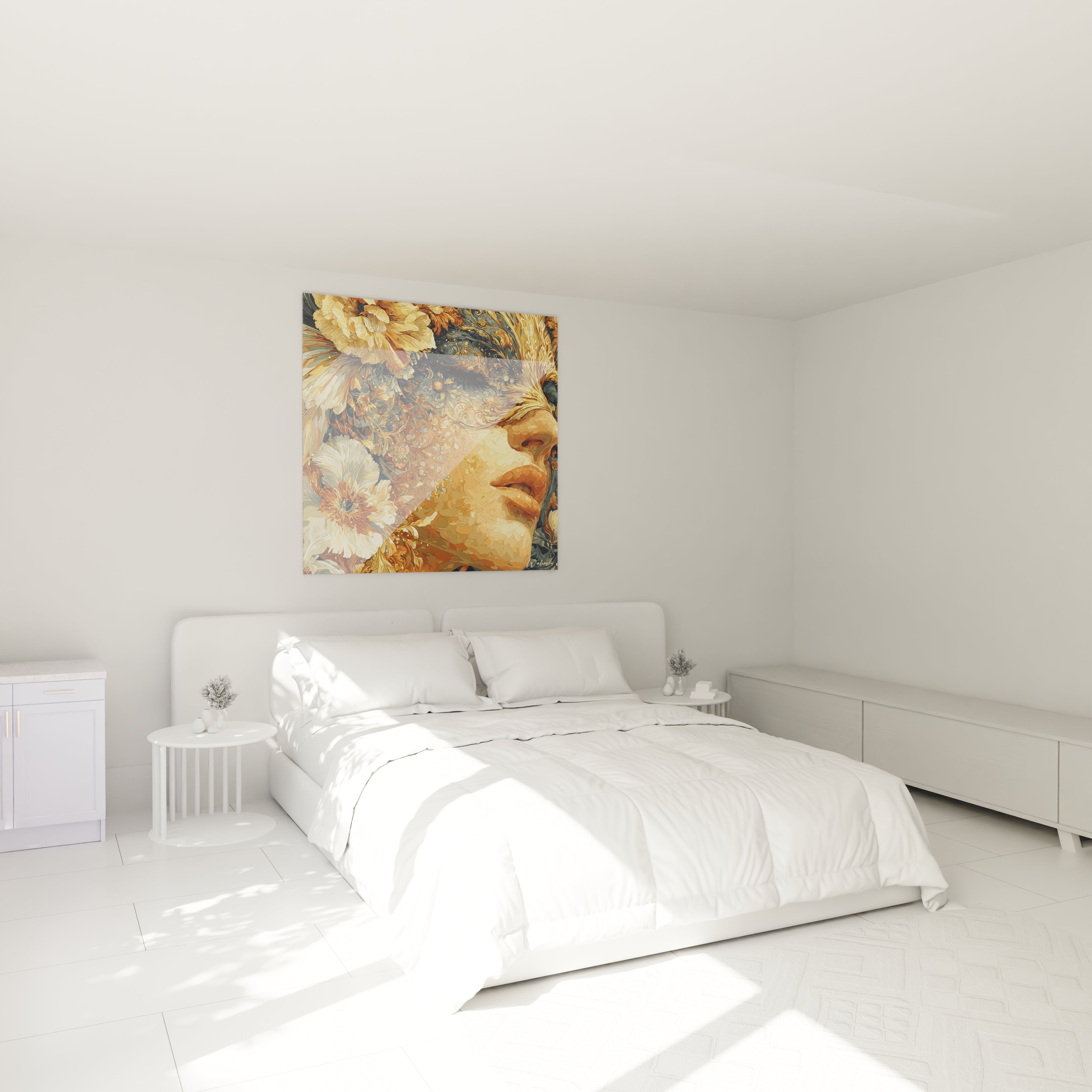 tableau gothique visage féminin Walensky accroché au dessus d un lit blanc dans une chambre minimaliste motifs floraux