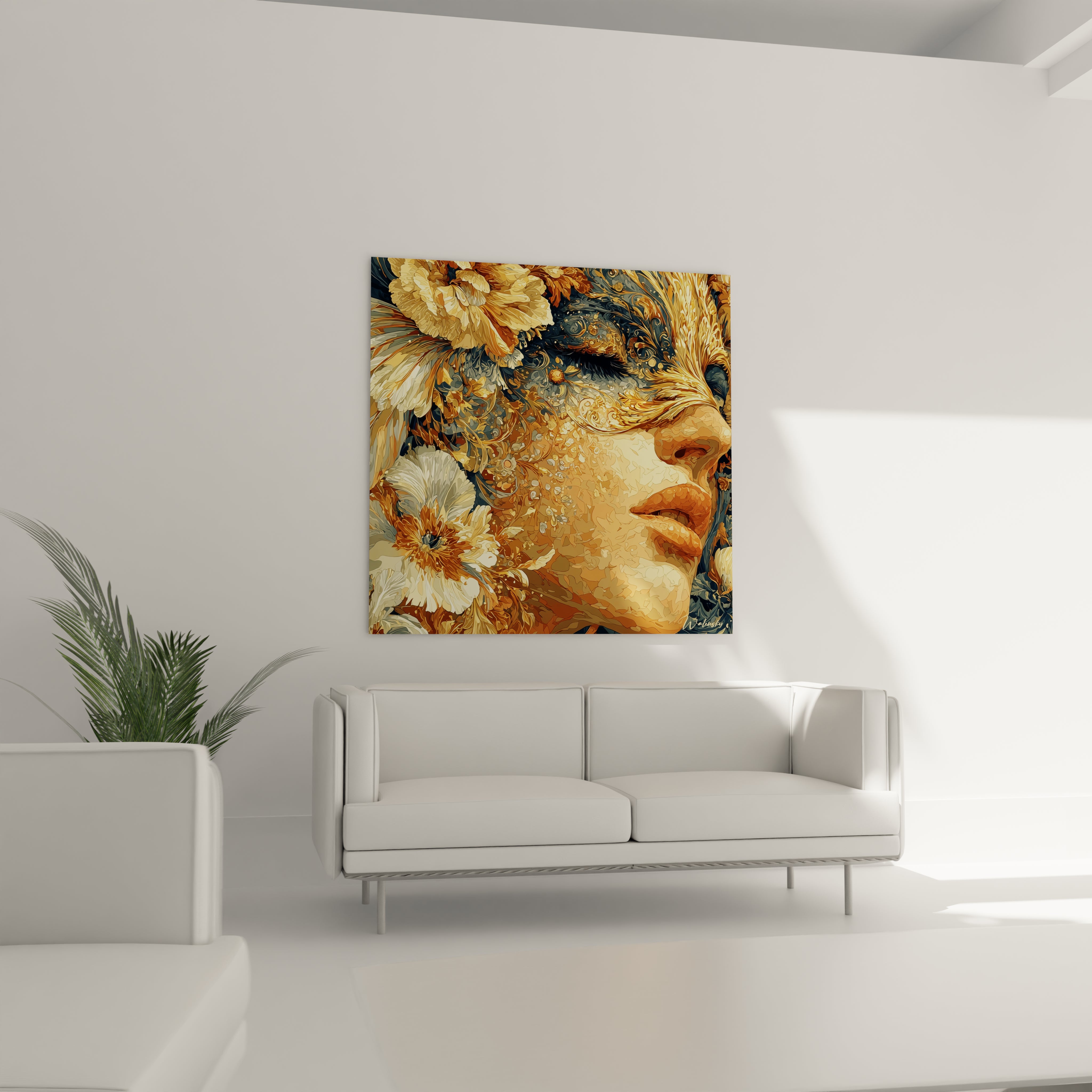 Tableau mural Walensky tableau gothique visage féminin en gros plan fleurs dorées pour salon