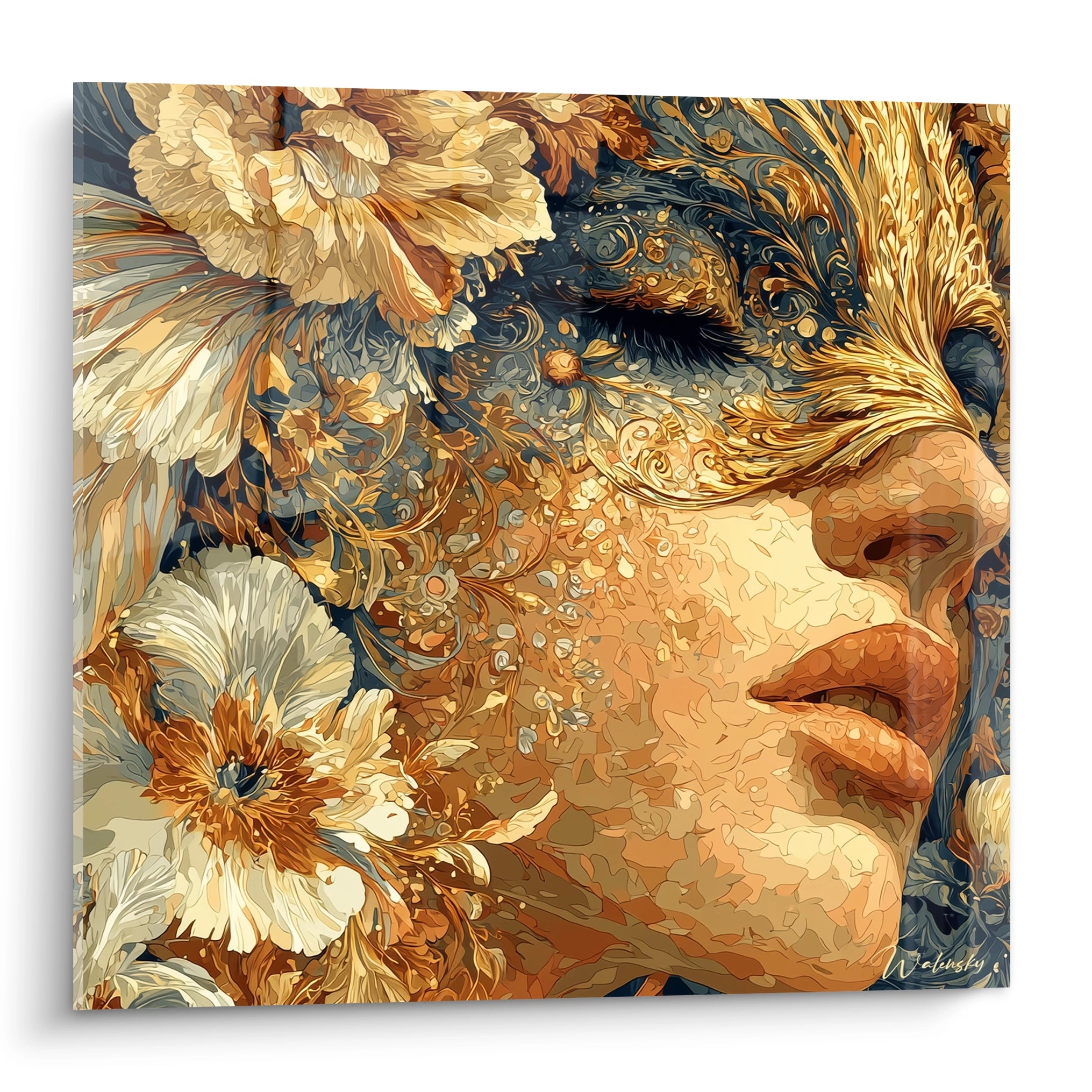 tableau gothique visage féminin Walensky peinture murale visage orné de fleurs dorées et détails baroques