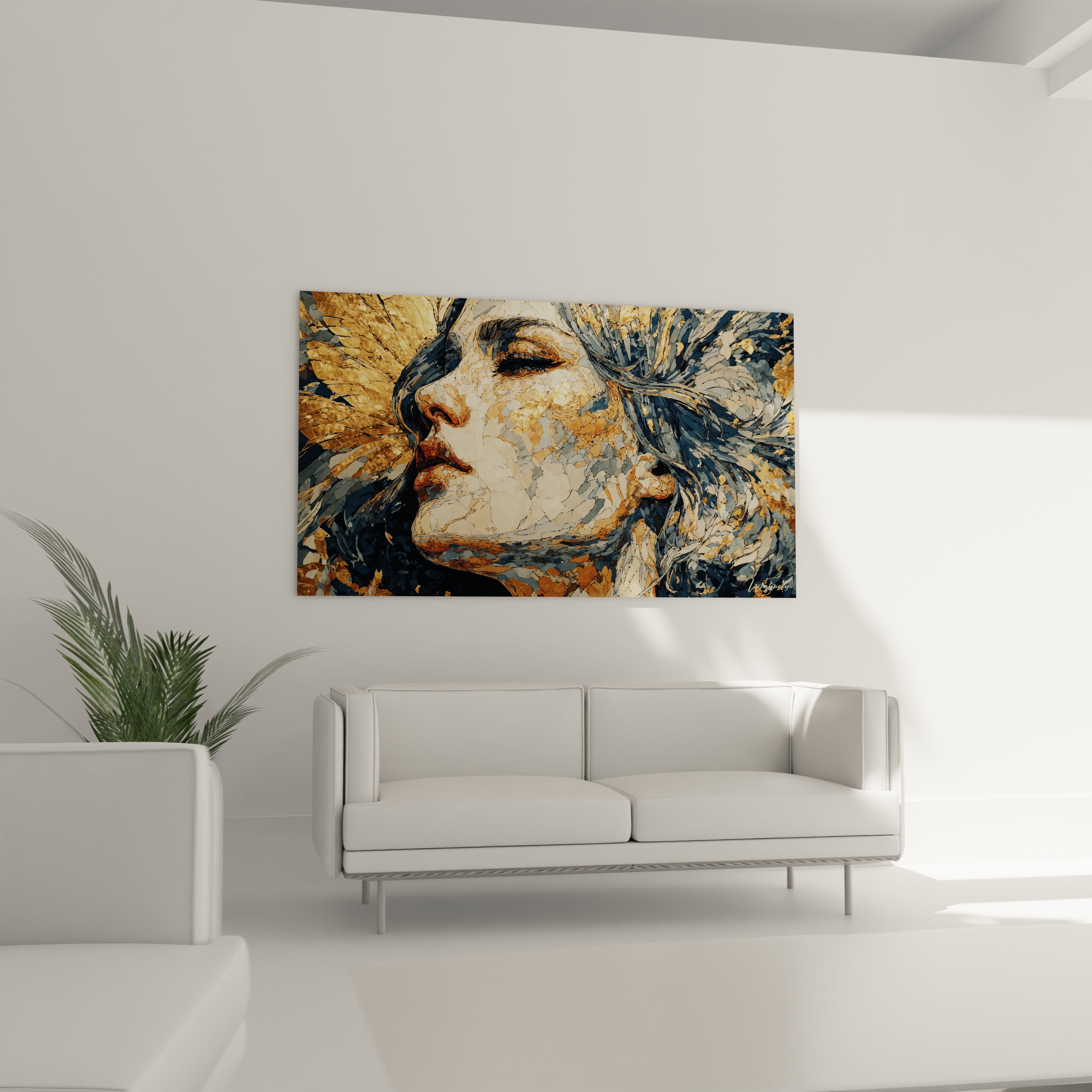 Walensky tableau gothique visage style portrait féminin en profil avec textures dorées et bleues accroché au salon