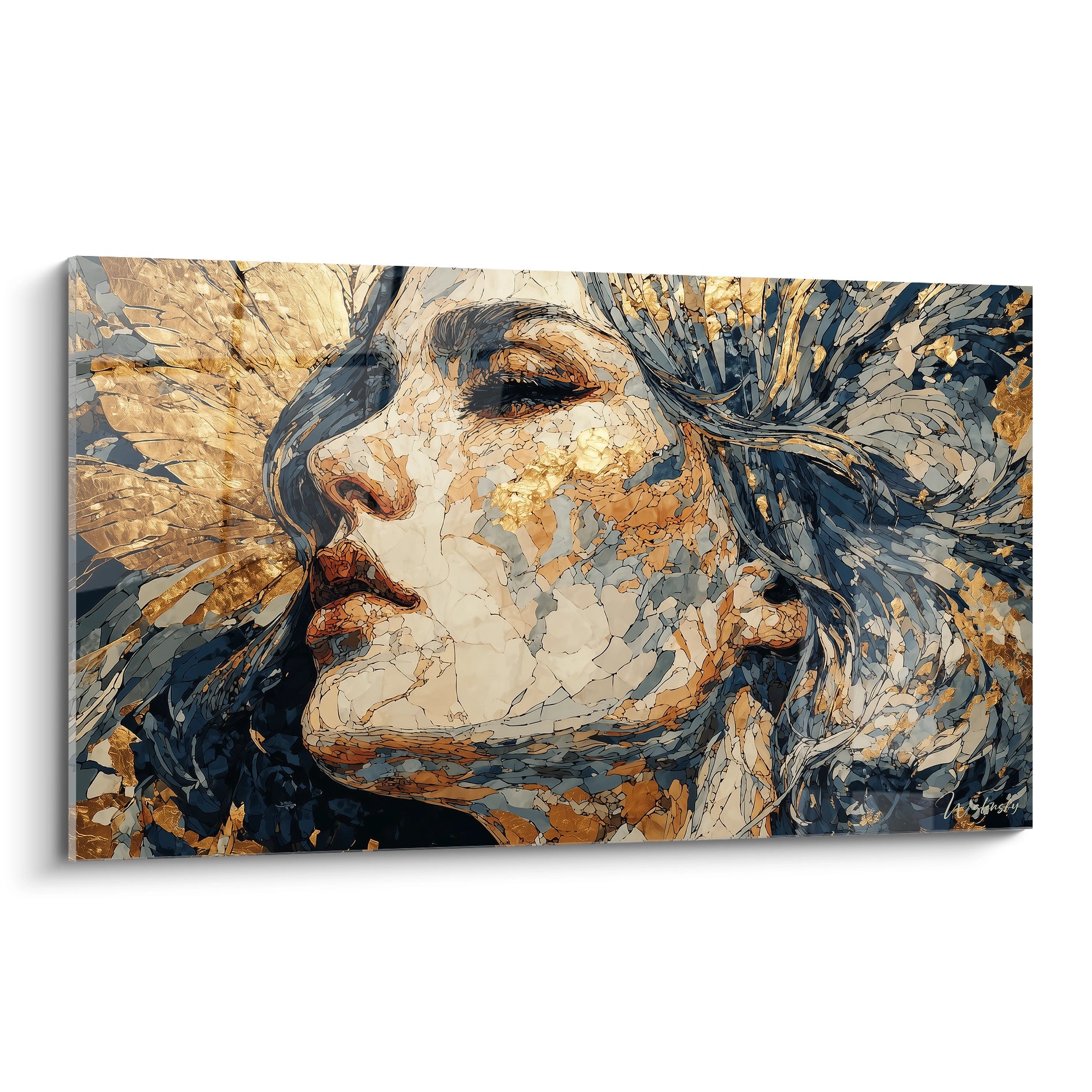 tableau gothique visage Walensky peinture murale portrait féminin stylisé feuilles dorées tons bleus et beiges