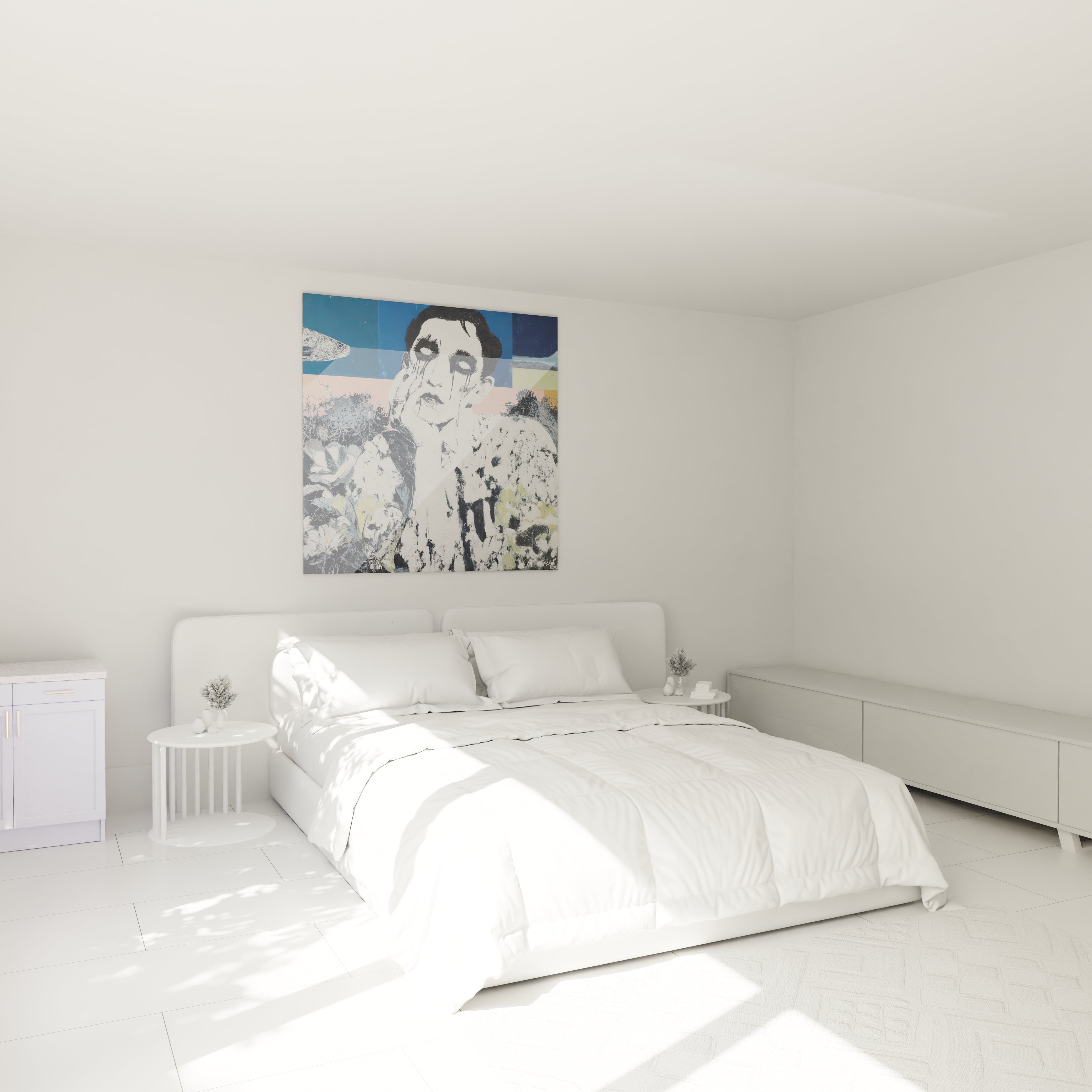 Chambre minimaliste blanche avec grand lit et tableau homme aux larmes noires coloré signé Walensky au dessus de la tête