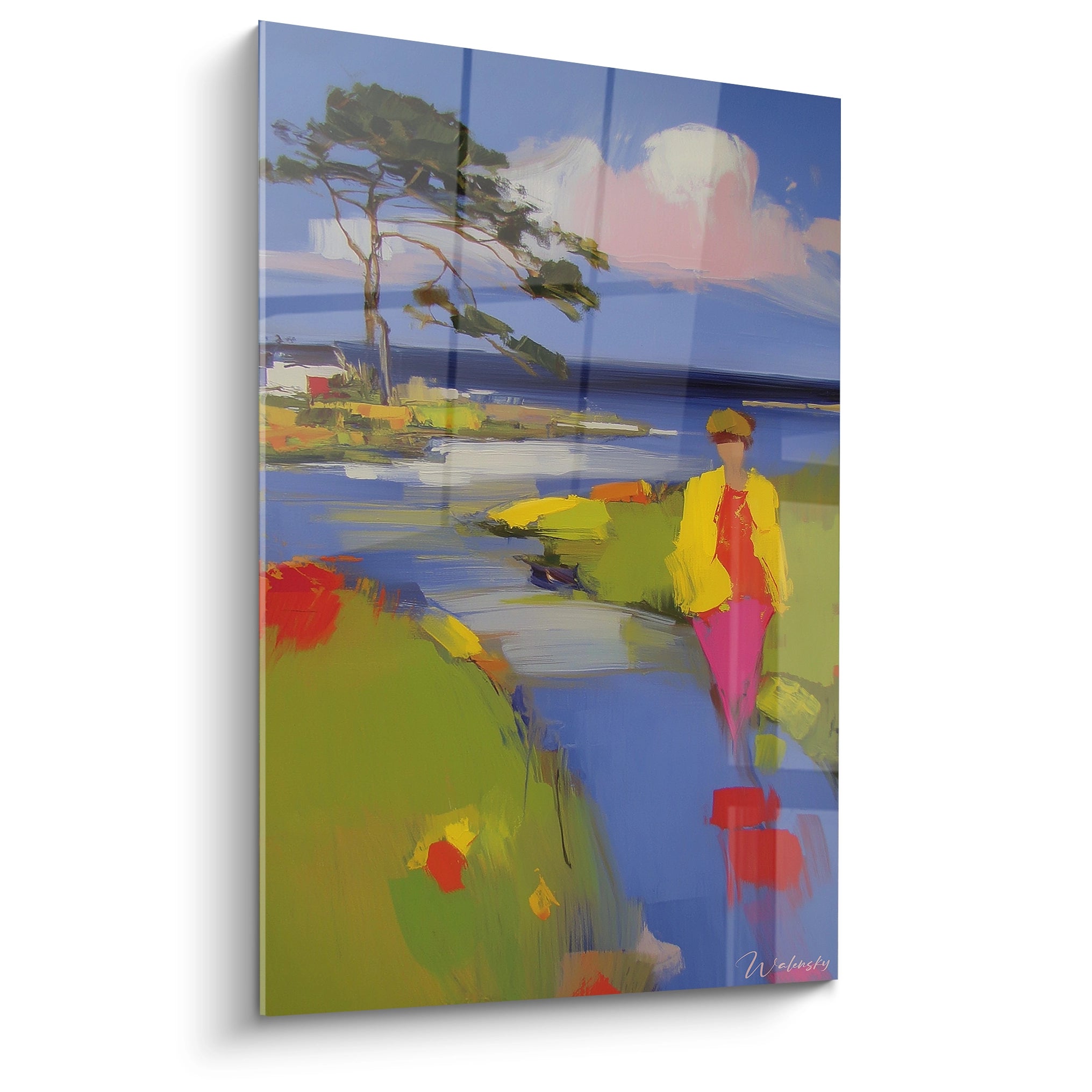 Walensky tableau impressionniste femme représentant une femme en promenade au bord de l eau couleurs vives et paysage côtier