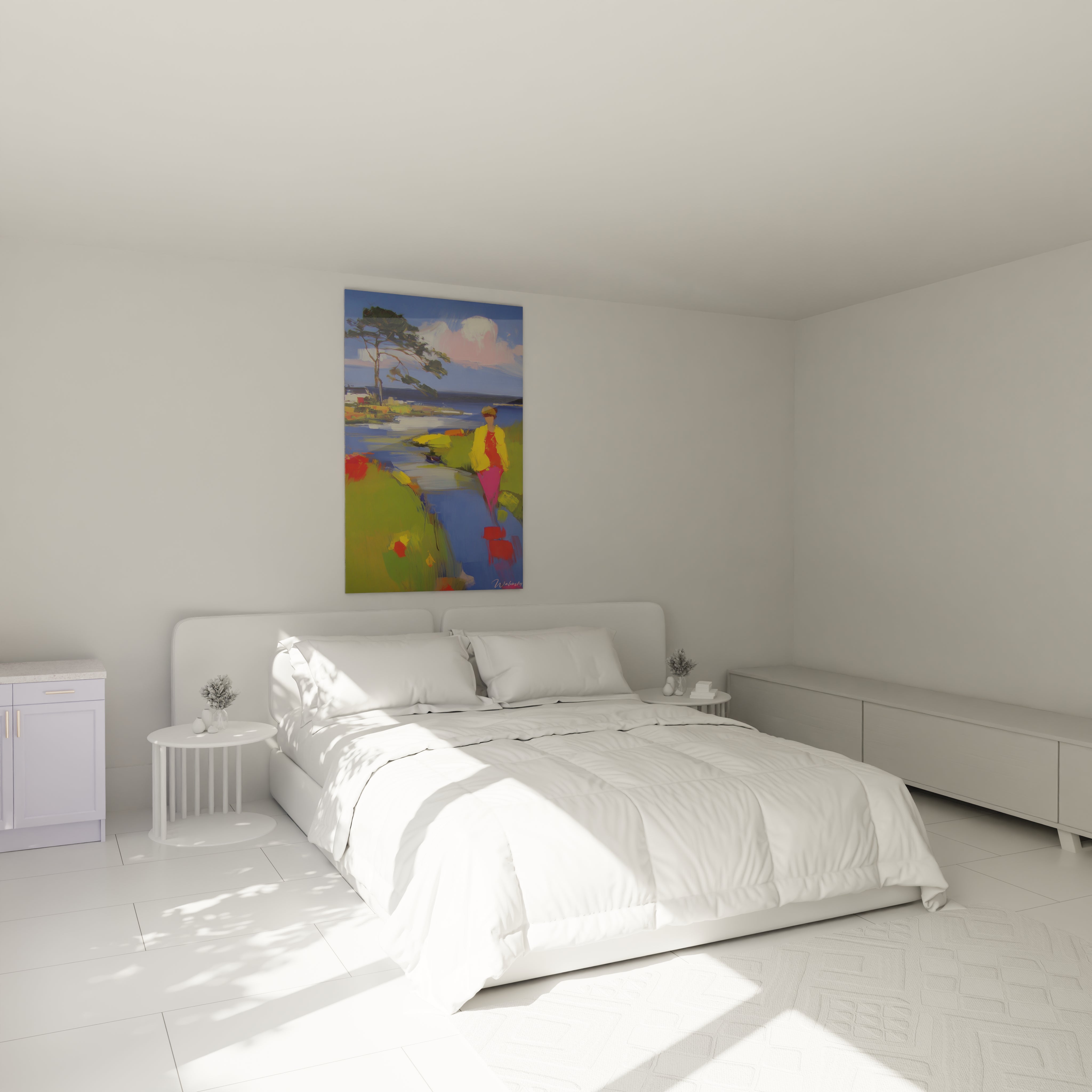 tableau impressionniste femme Walensky accroché au dessus d'un lit blanc dans une chambre minimaliste lumineuse