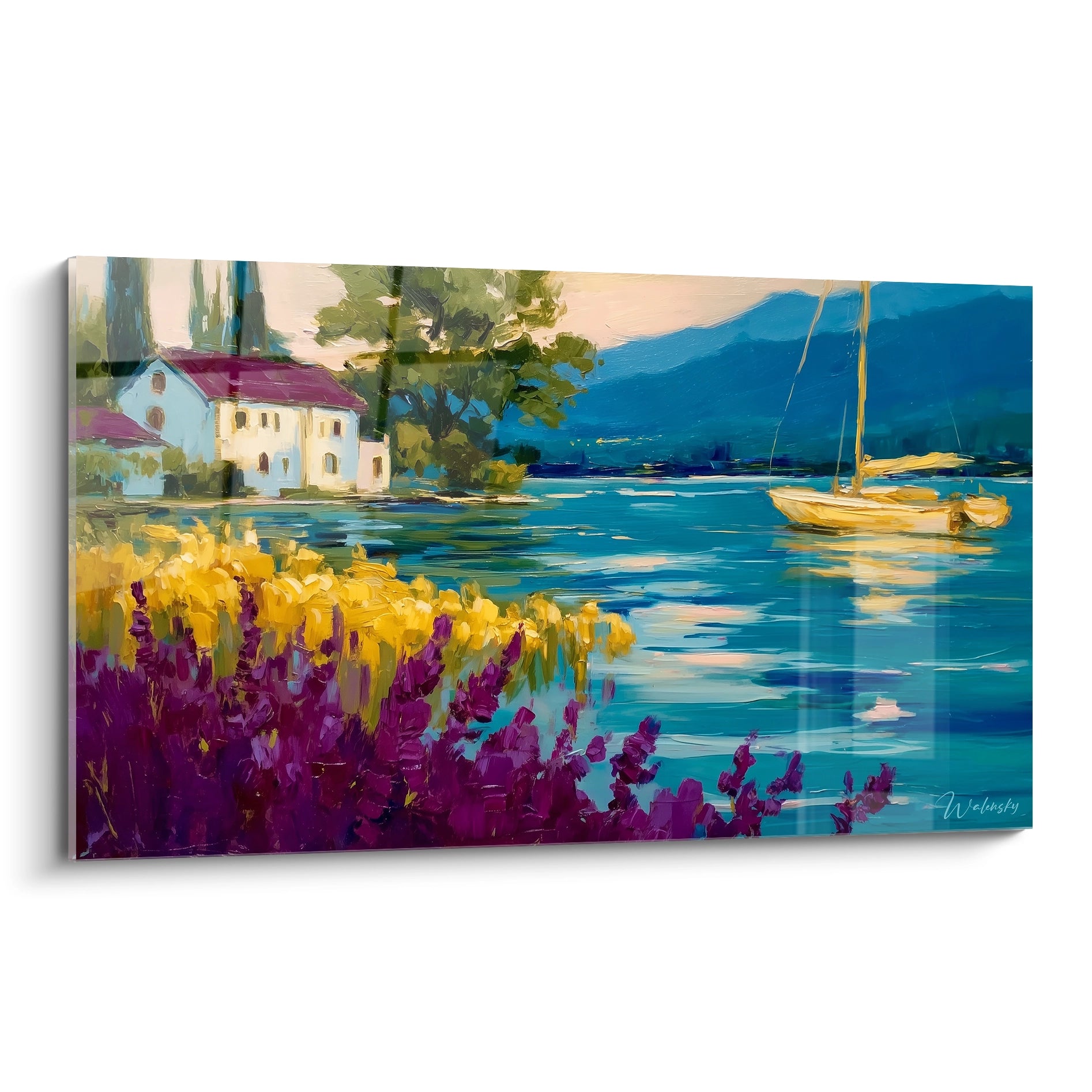 tableau impressionniste paysage côtier Walensky représentant maison au bord de l eau voilier fleurs violettes et jaunes